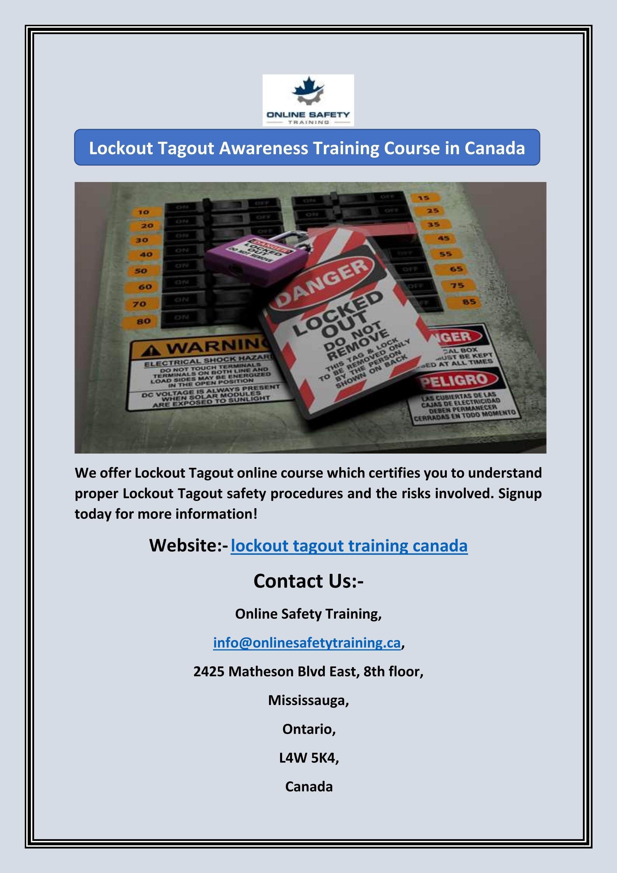 Lockout Tagout Awareness Training Course in Canada by Online Safety