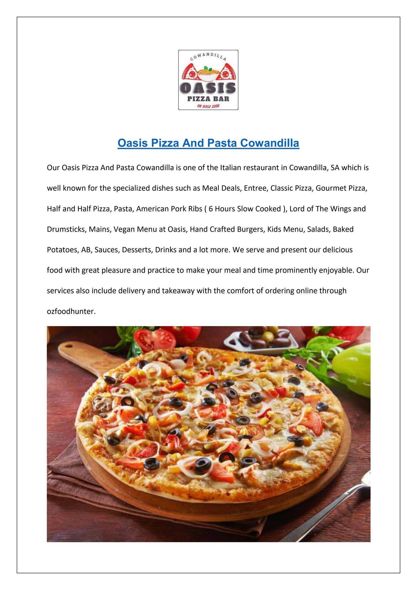 $5 Off - Oasis Pizza And Pasta Menu Cowandilla, SA by SonWilliamson - Issuu