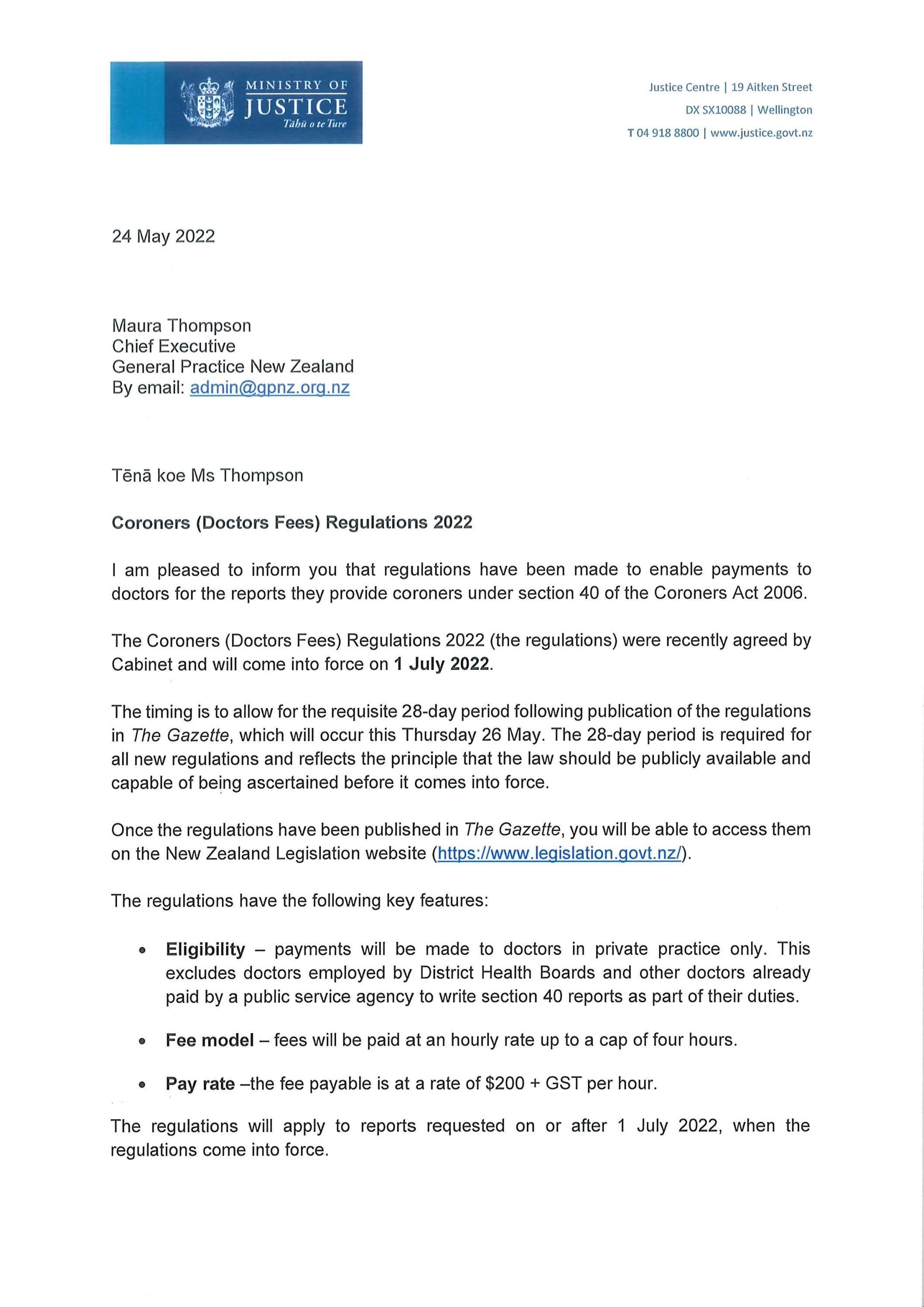 Coroners (Doctors Fees) Regulation 2022 General Practice New Zealand