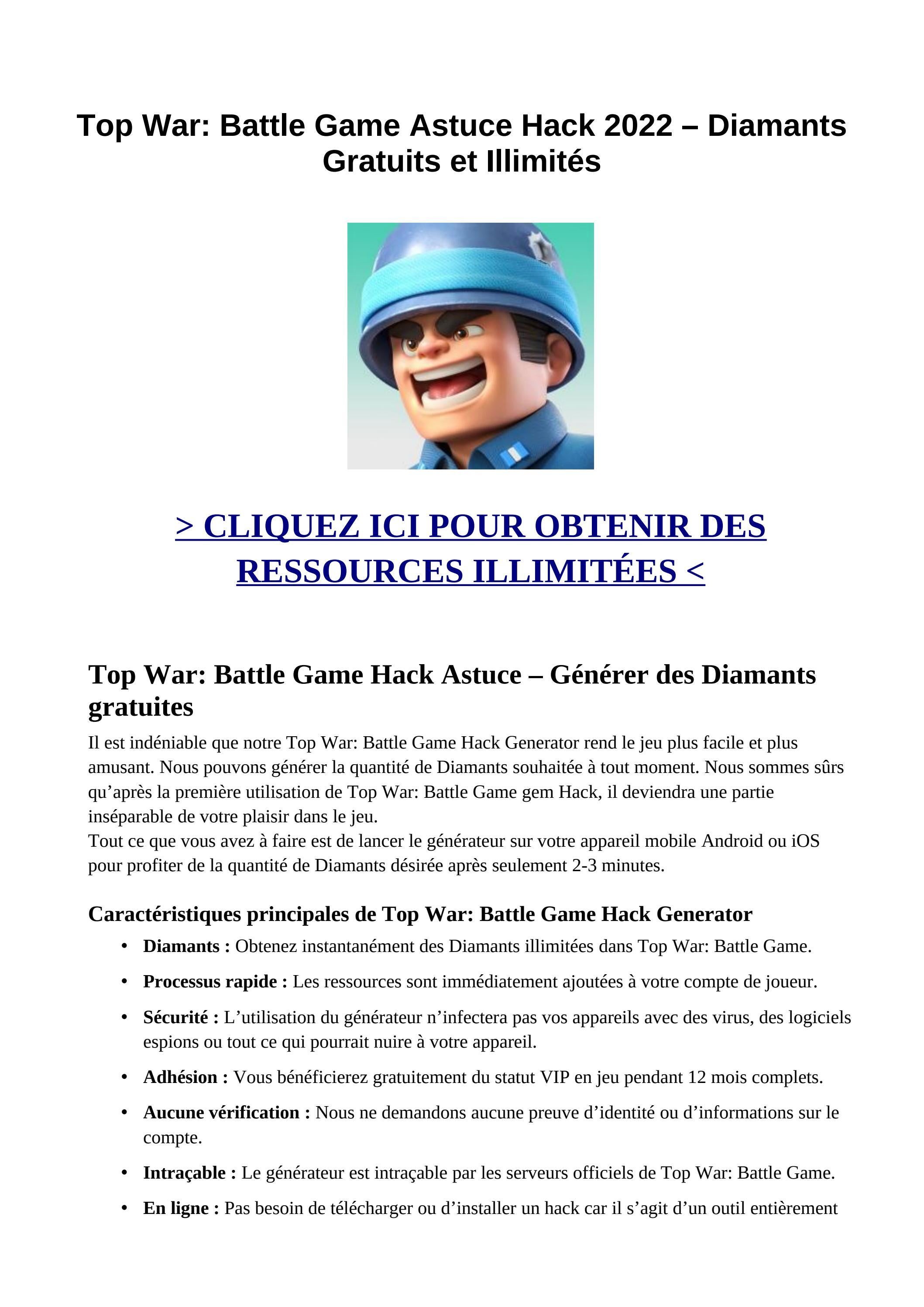 Top War Battle Game Astuce Hack 2022 Diamants Gratuits et Illimités
