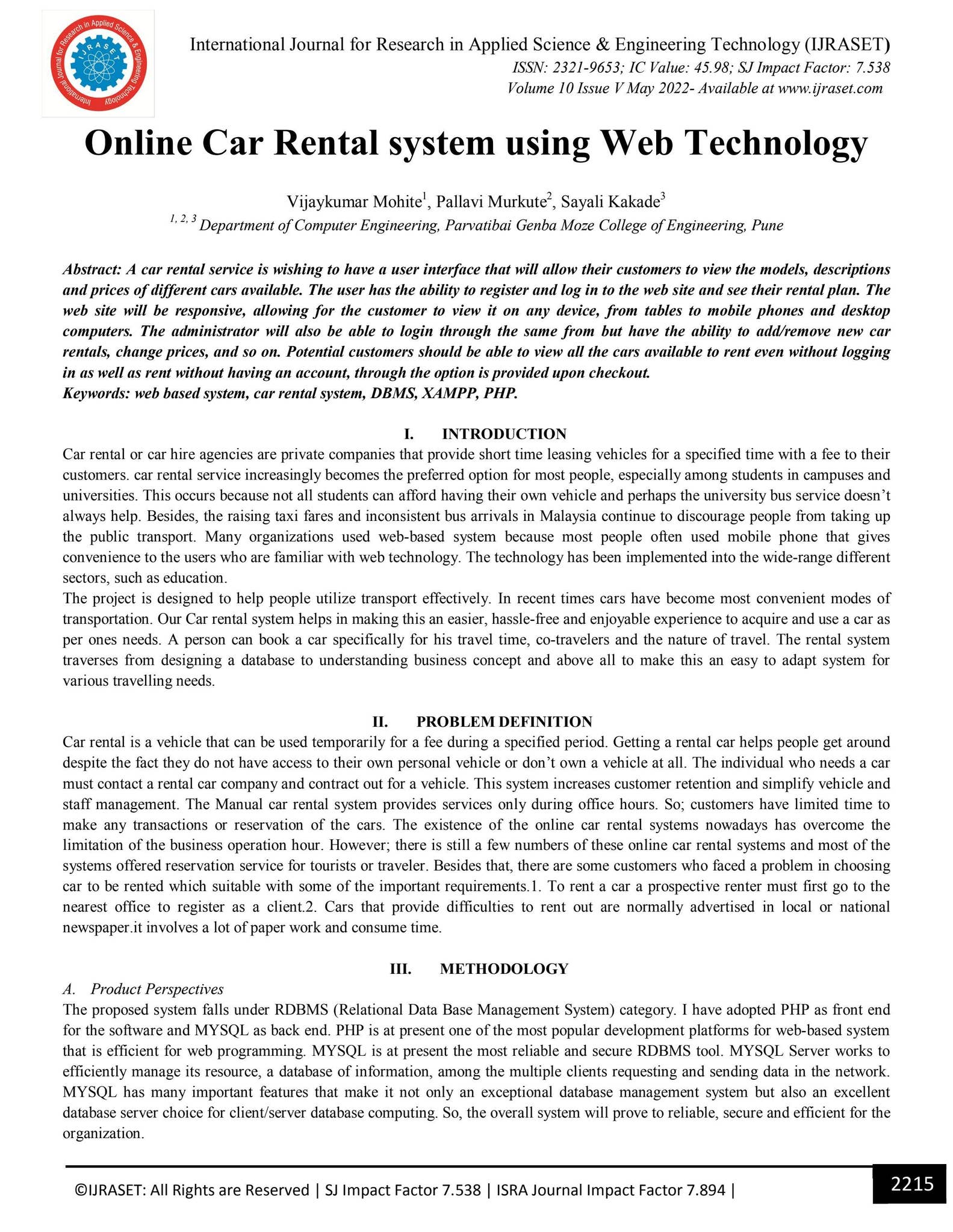 Online Car Rental system using Web Technology by IJRASET - Issuu