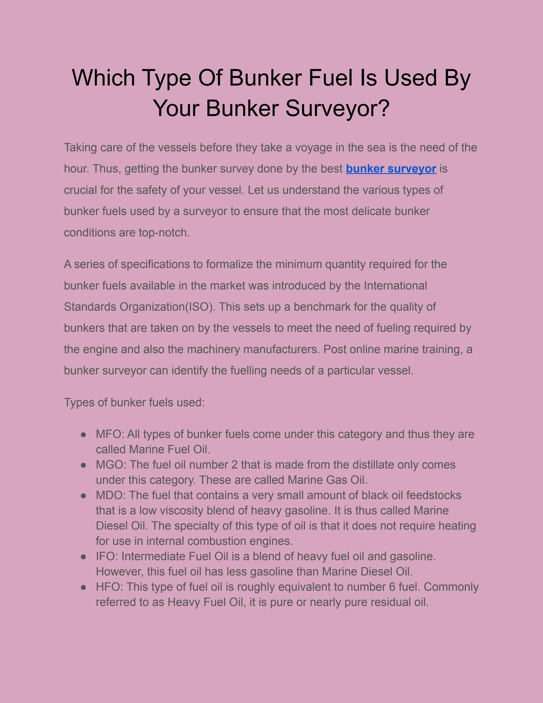 which Type Of Bunker Fuel Is Used By Your Bunker Surveyor by
