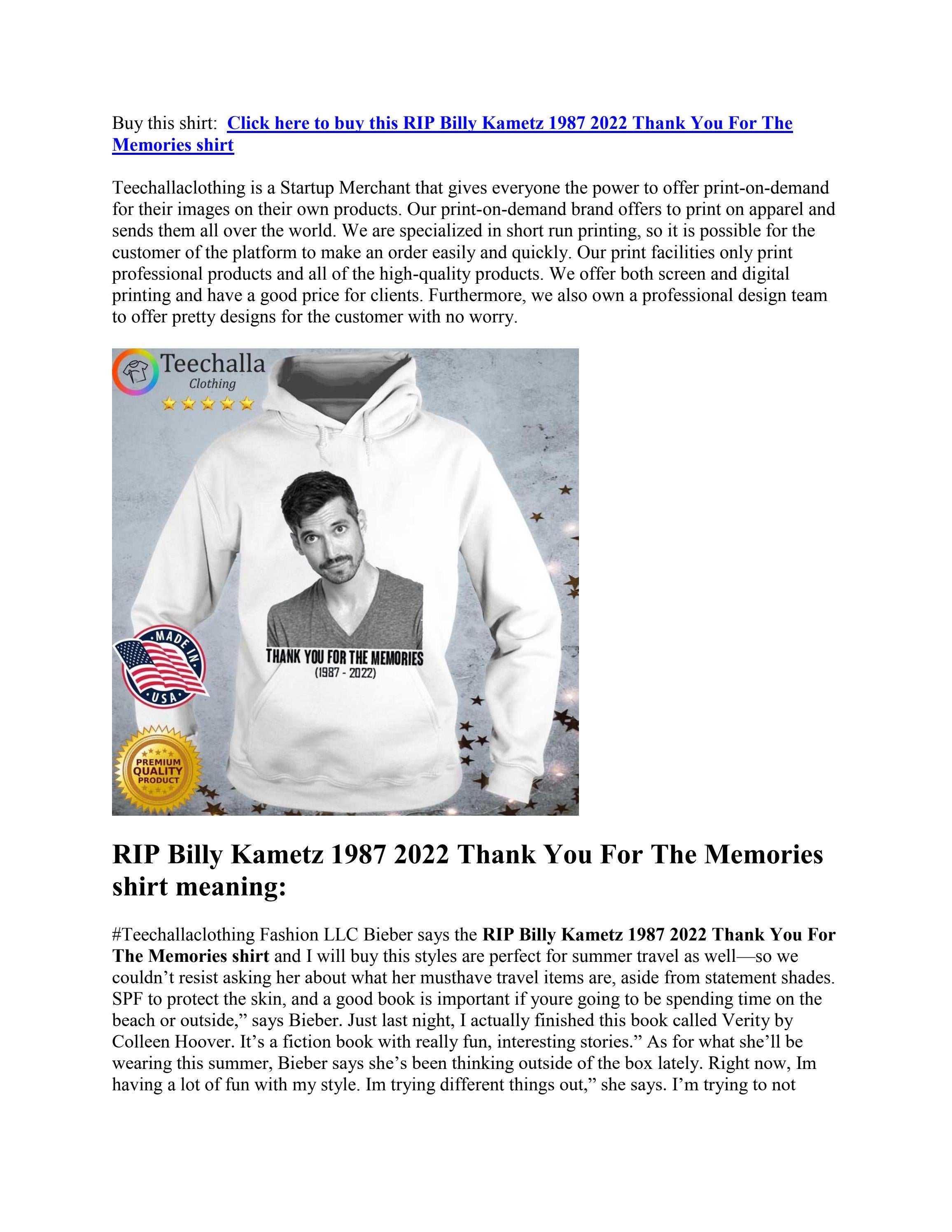 RIP Billy Kametz 1987 2022 Thank You For The Memories shirt by Store - Billy Kametz 1987 - 2022 - News