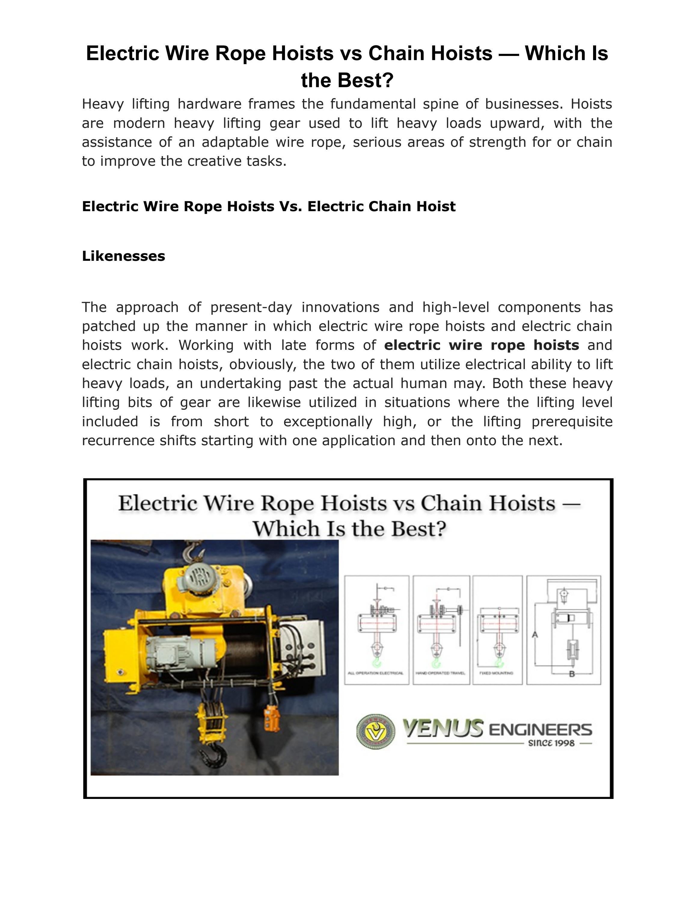 Electric Wire Rope Hoists vs Chain Hoists — Which Is the Best? by Venus