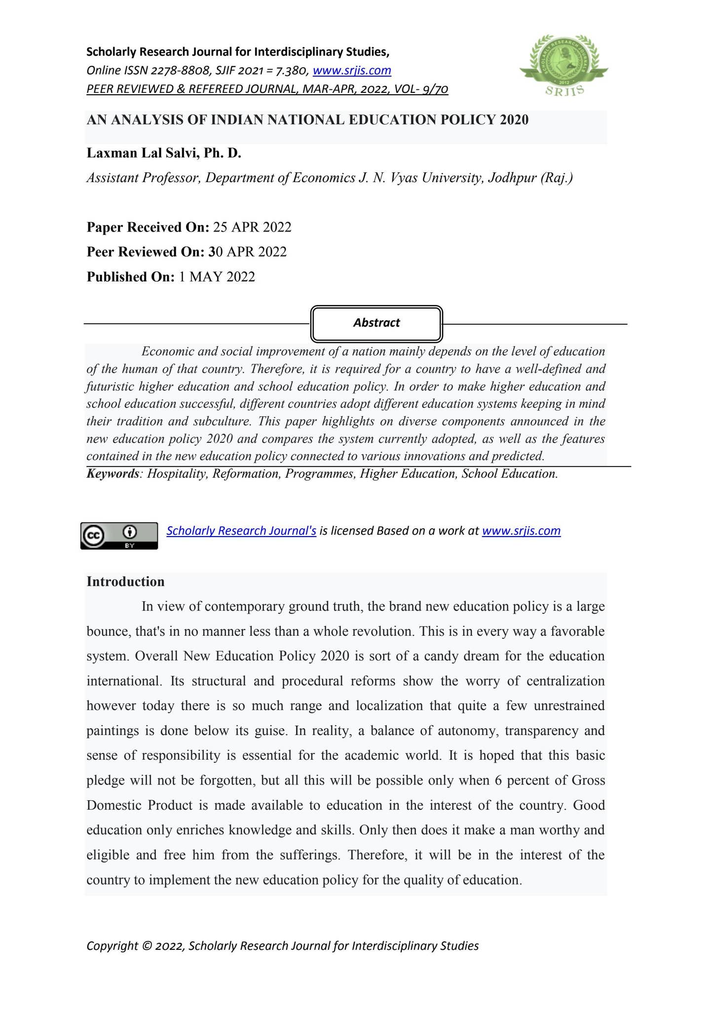 AN ANALYSIS OF INDIAN NATIONAL EDUCATION POLICY 2020 by Scholarly ...