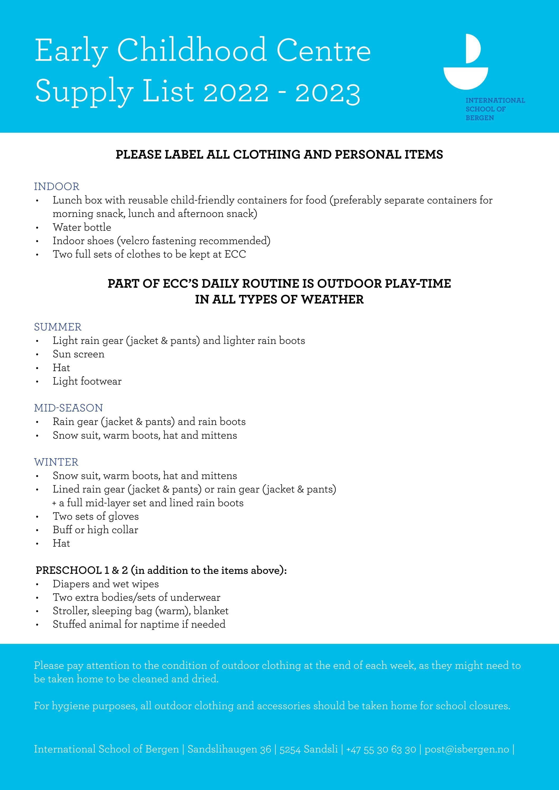 ECC Supply List by International School of Bergen Issuu