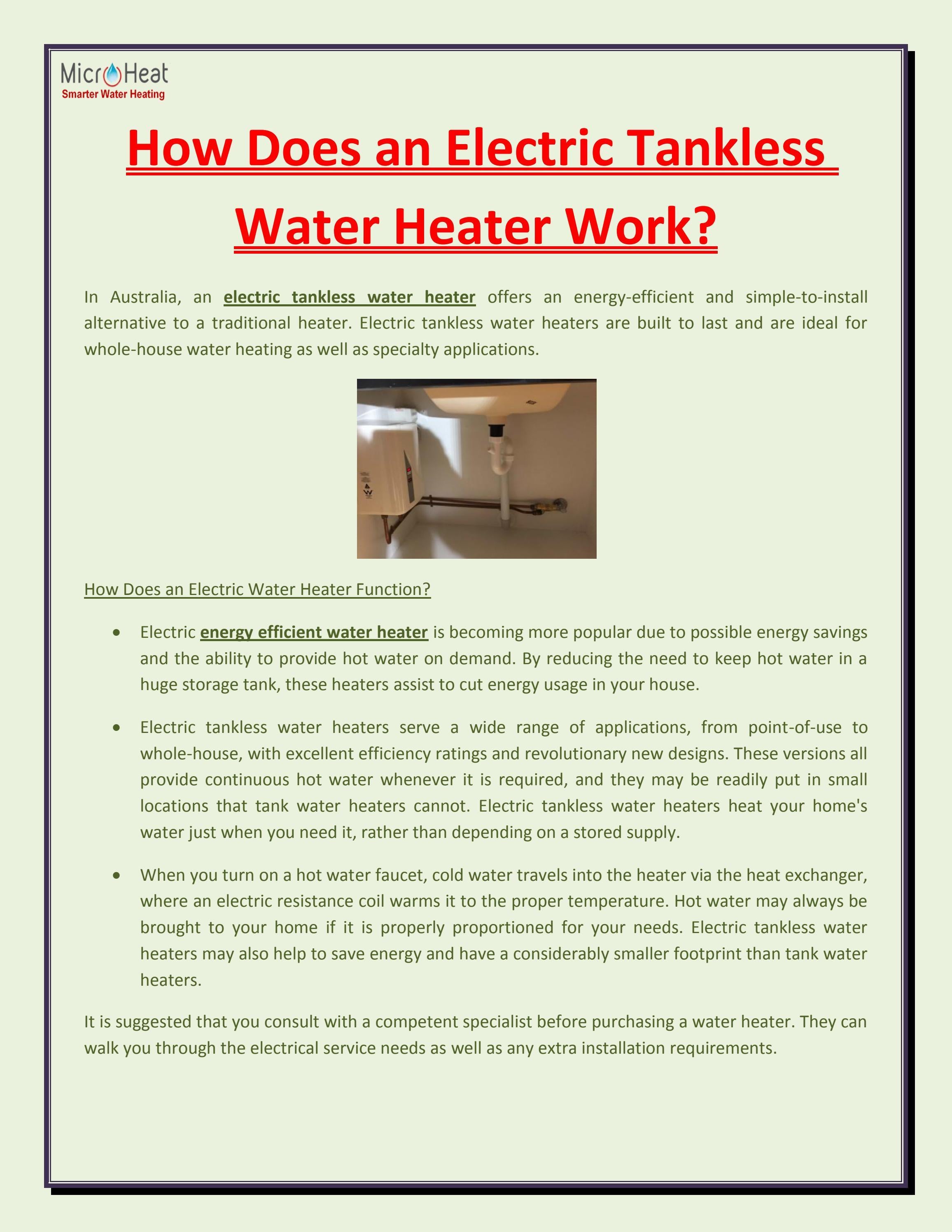 How Does an Electric Tankless Water Heater Work? by Micro Heat Issuu