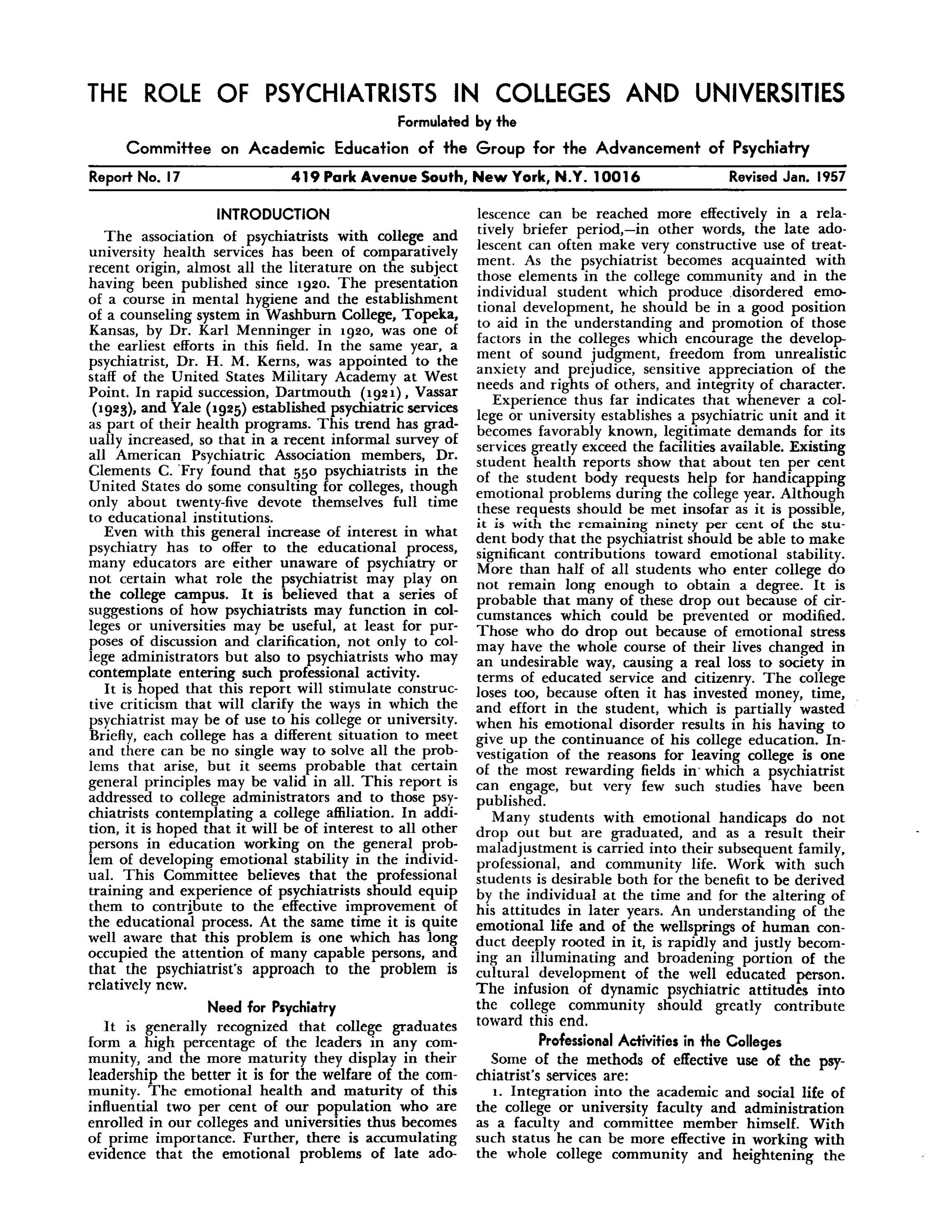The Role of Psychiatrists in College and Universities by Elizabeth