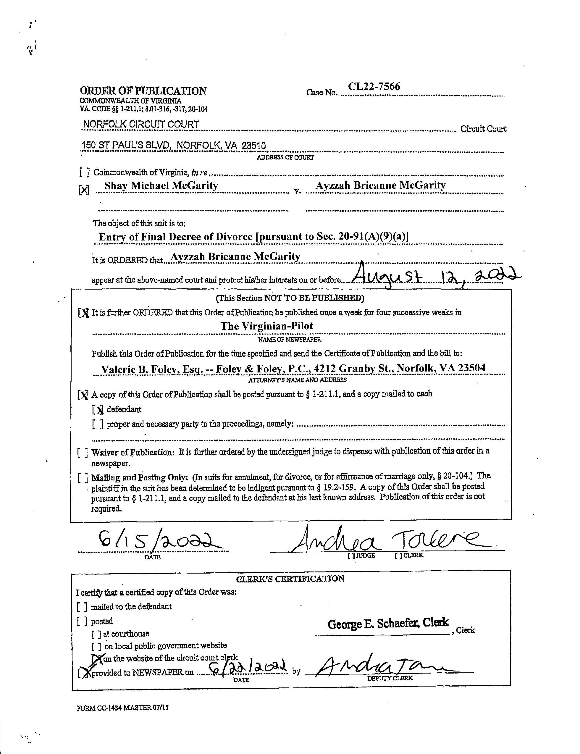 CL22 7566 Order Of Publication By Norfolk Circuit Court Clerk s Office 