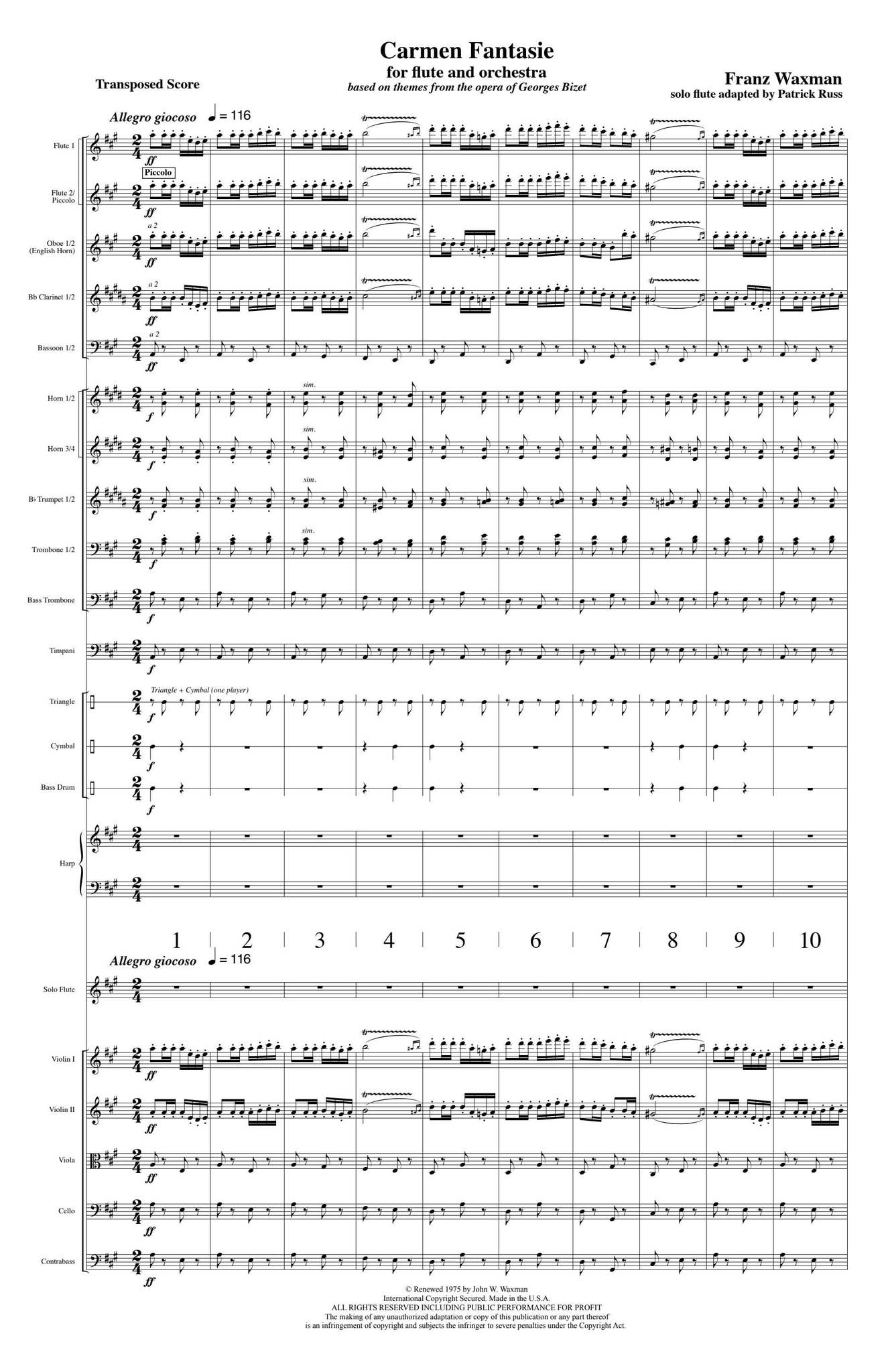 Waxman CARMEN FANTASIE for Flute and Orchestra by ScoresOnDemand