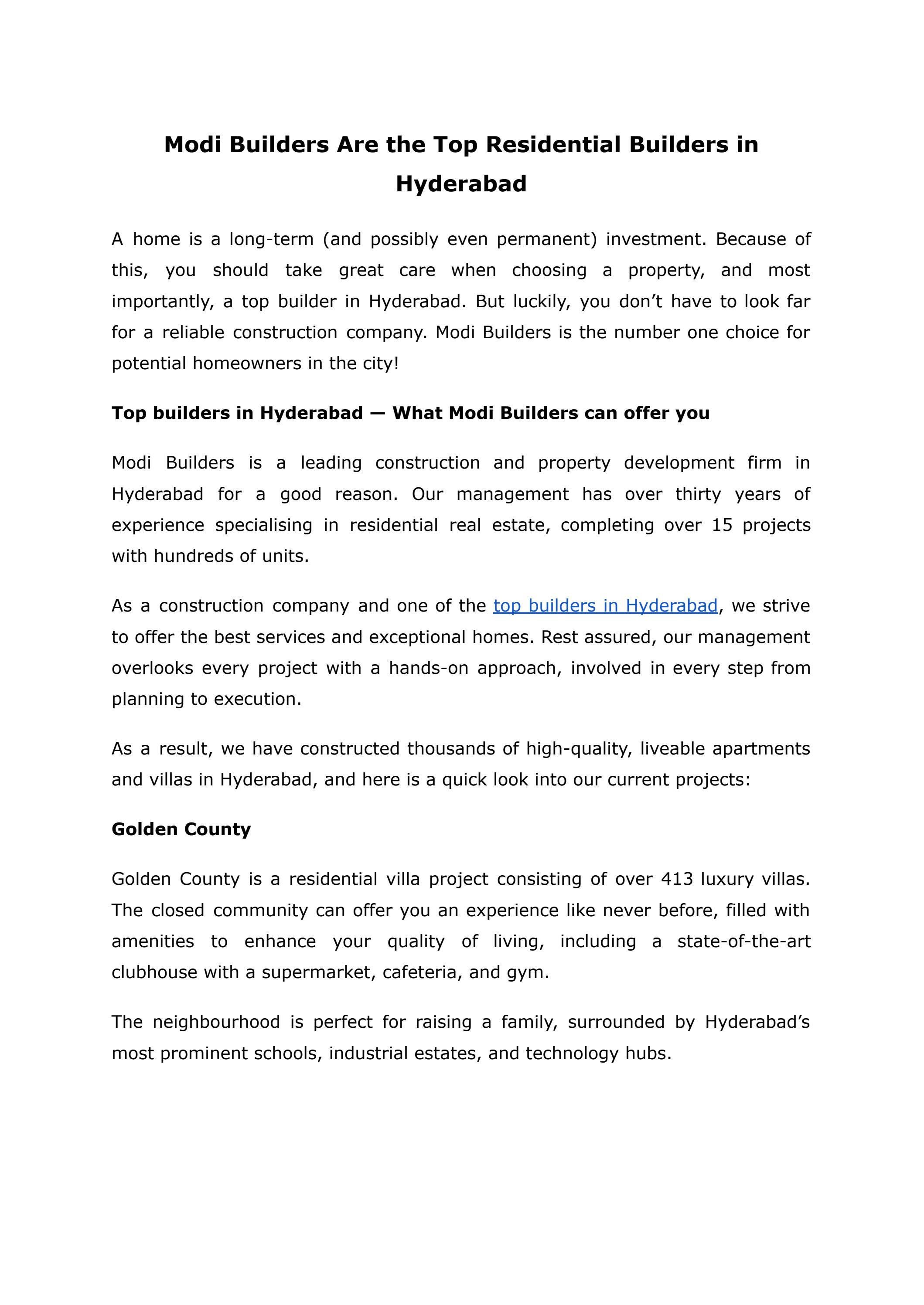 Modi Builders Are the Top Residential Builders in Hyderabad by