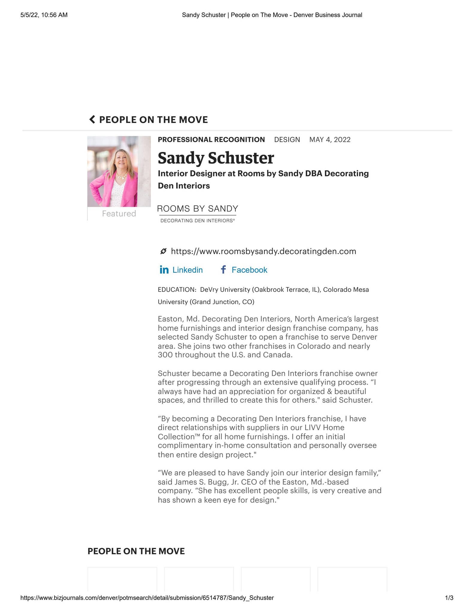 Sandy Schuster opens Decorating Den Interiors franchise by Decorating ...