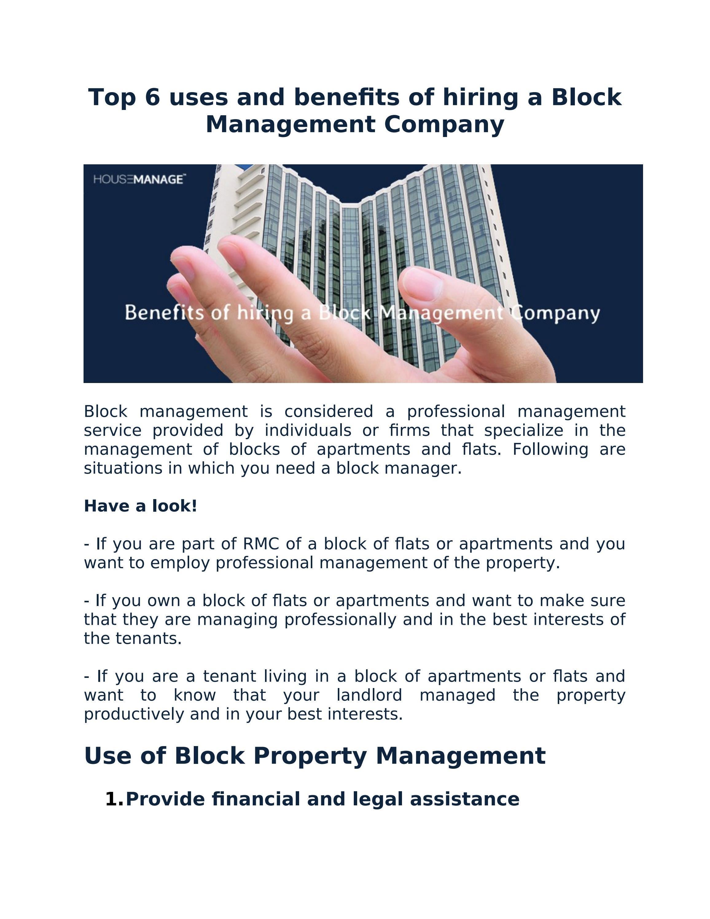 Top 6 Uses and Benefits of hiring a Block Management Company by House
