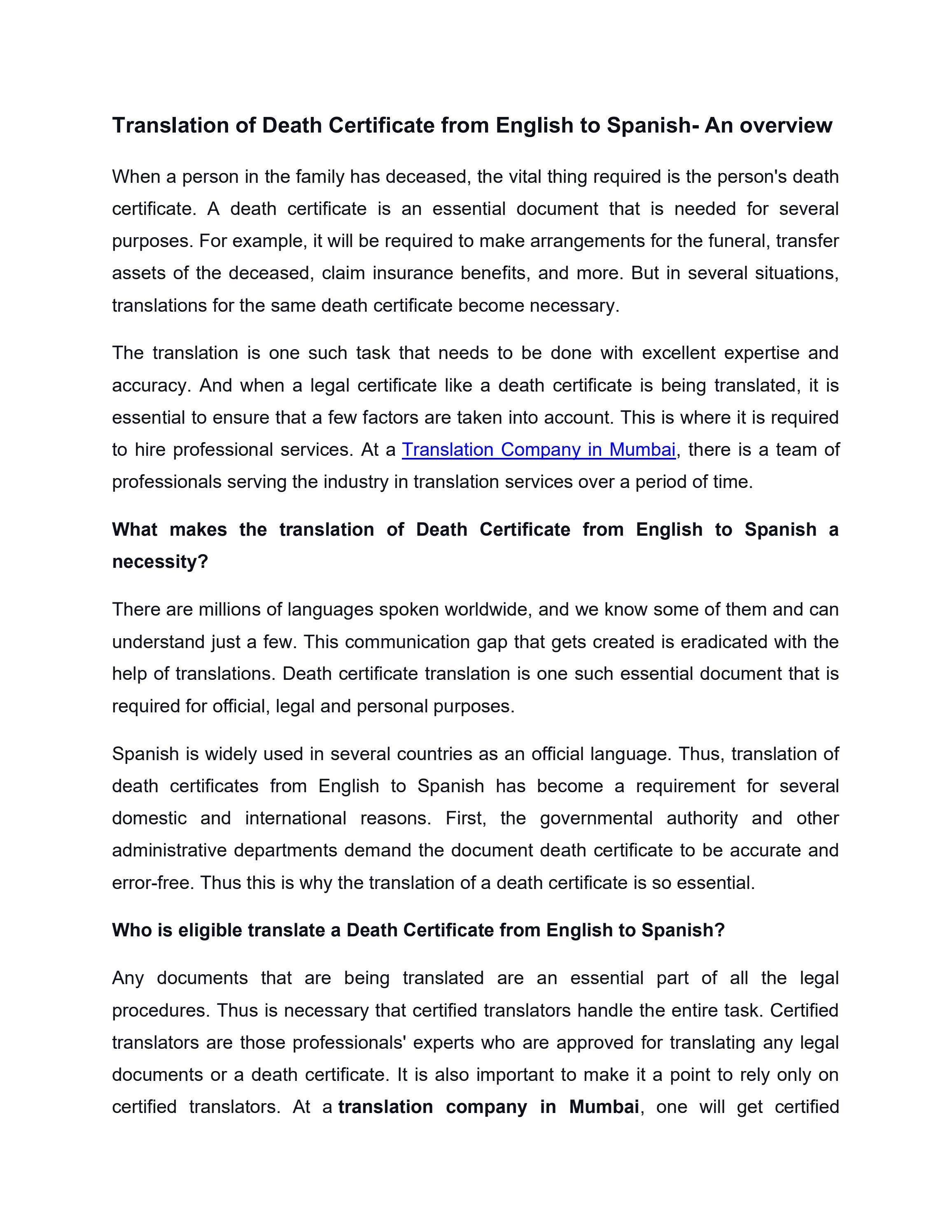 Translation of Death Certificate from English to Spanish An overview