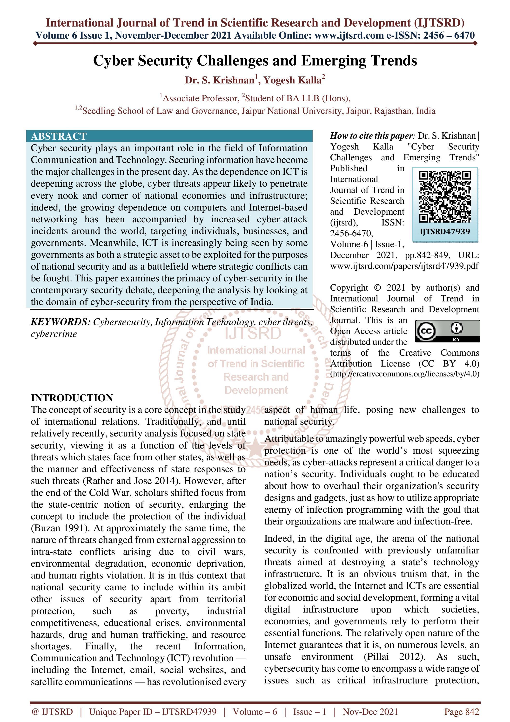 Cyber Security Challenges and Emerging Trends by International Journal