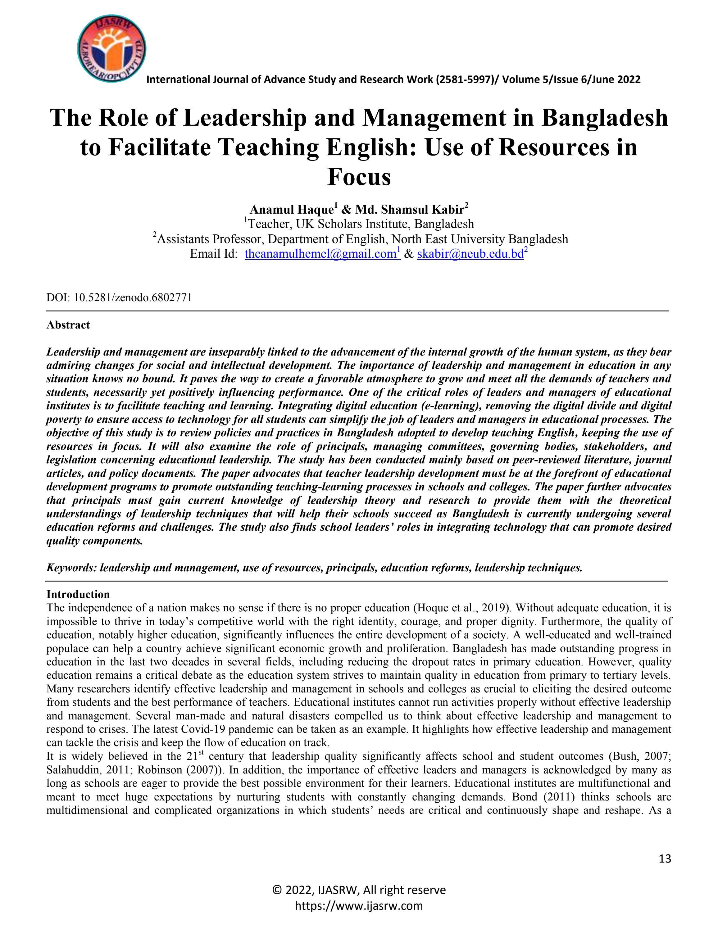 The Role of Leadership and Management in Bangladesh to Facilitate