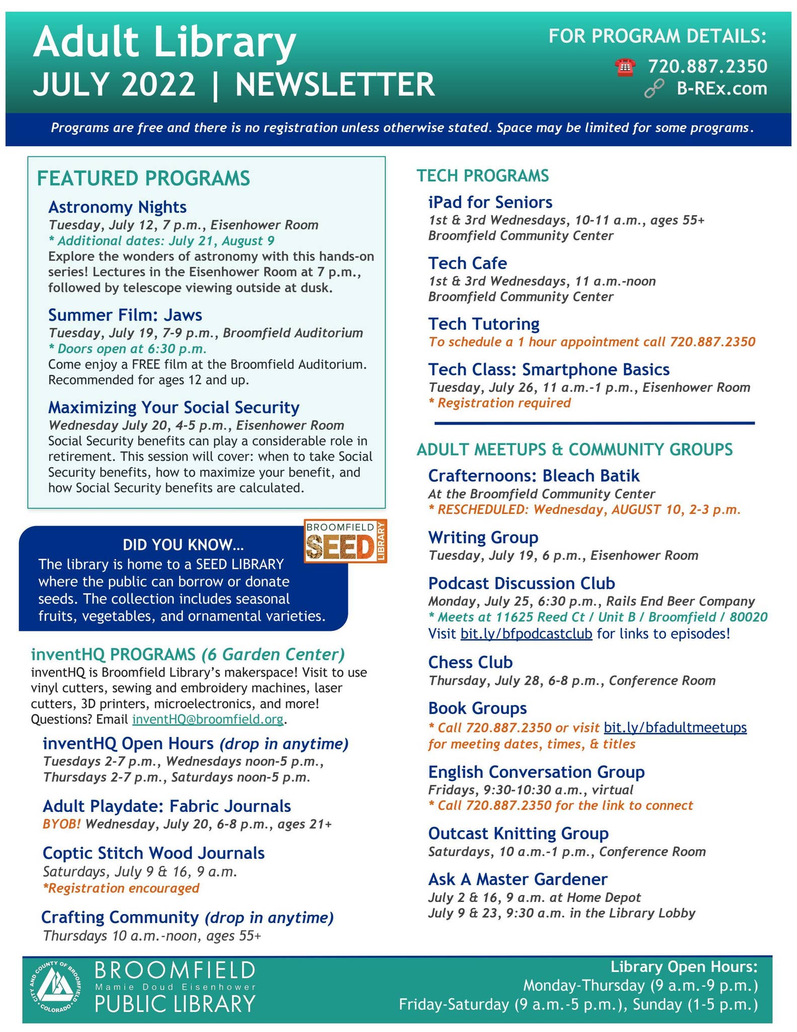 Broomfield Library Adult Newsletter July 2022 by City and County of