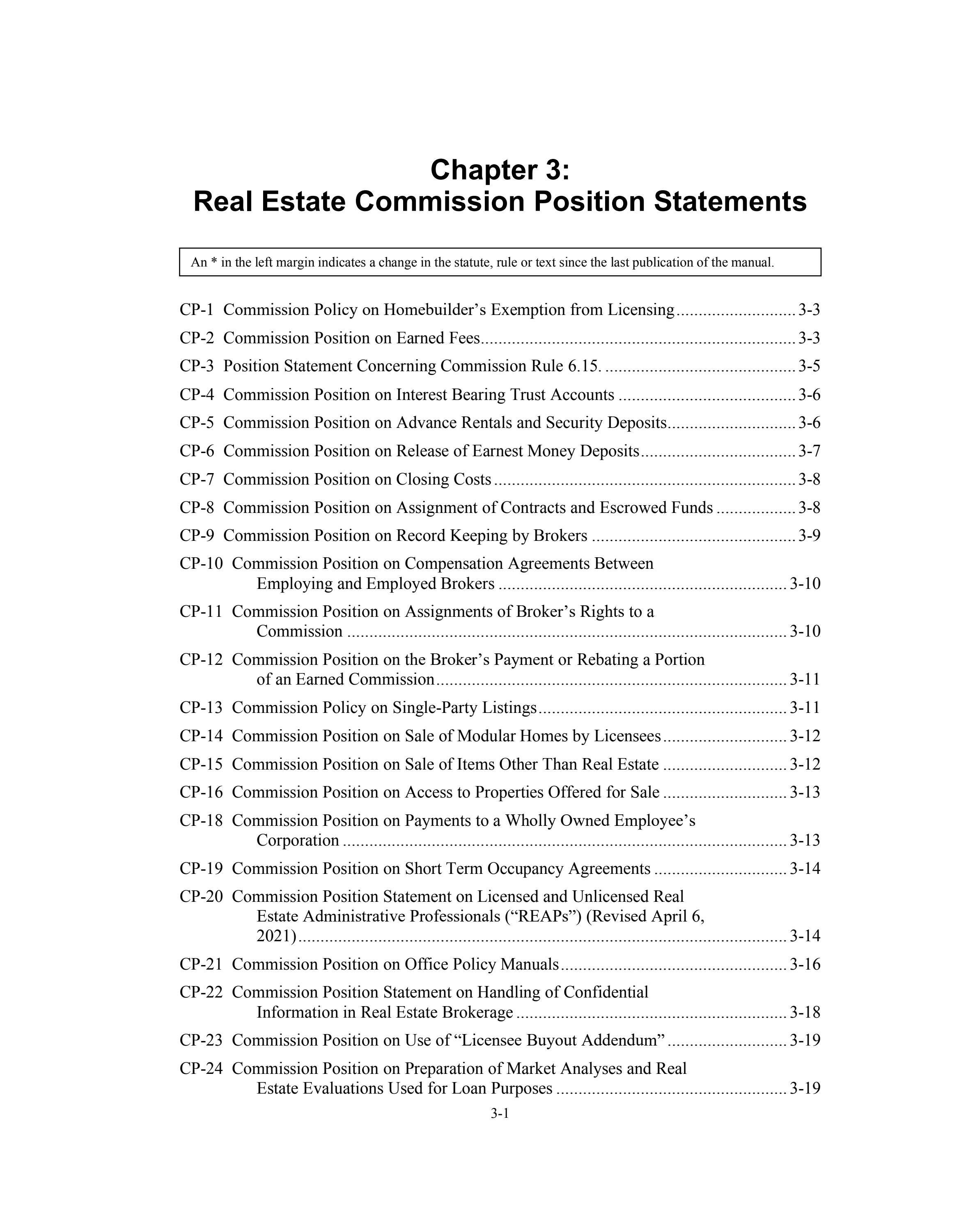 Colorado Real Estate Commission Position Statements as of 7/14/2022 by