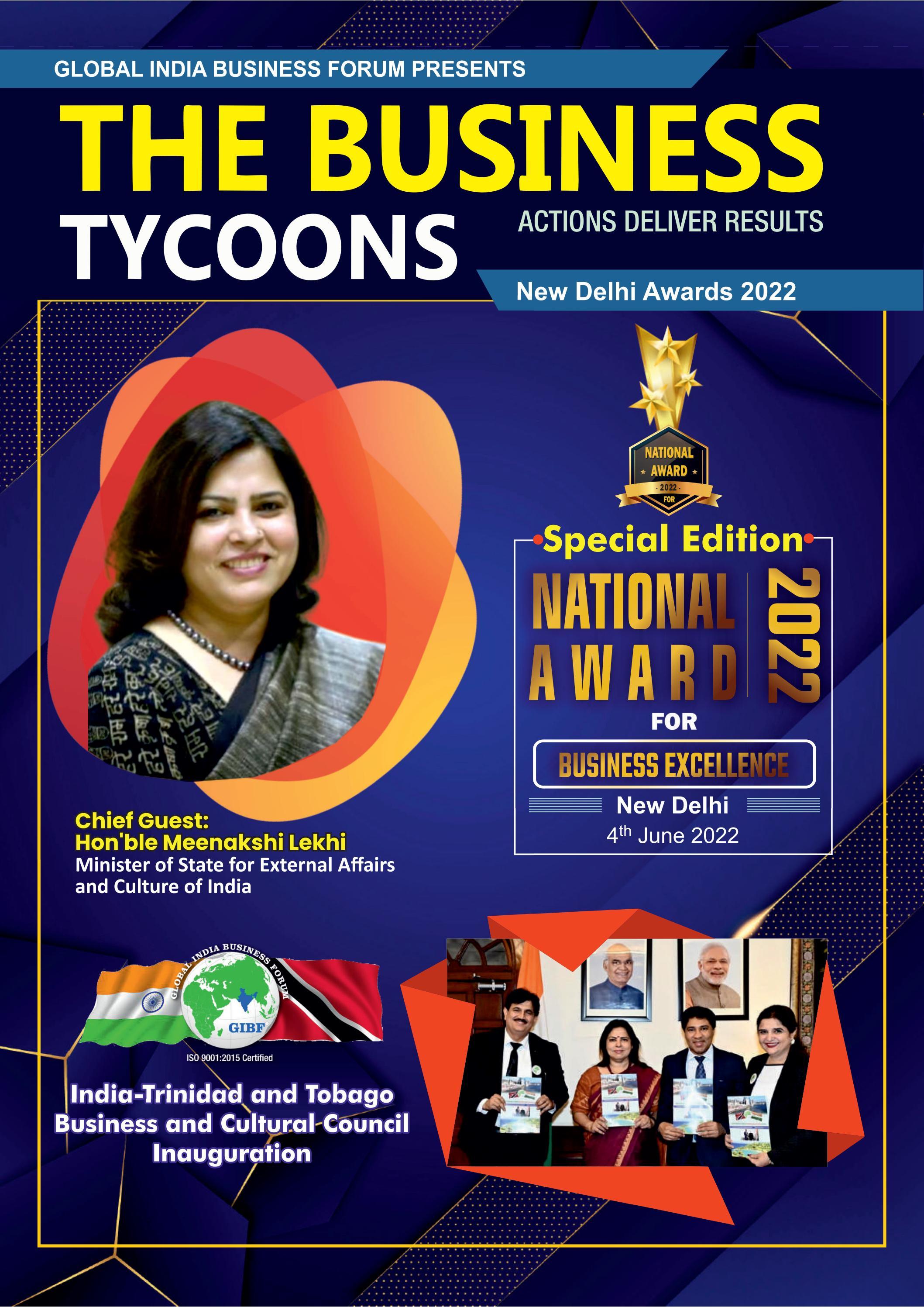 National Award for Business Excellence New Delhi 2022 by Global India