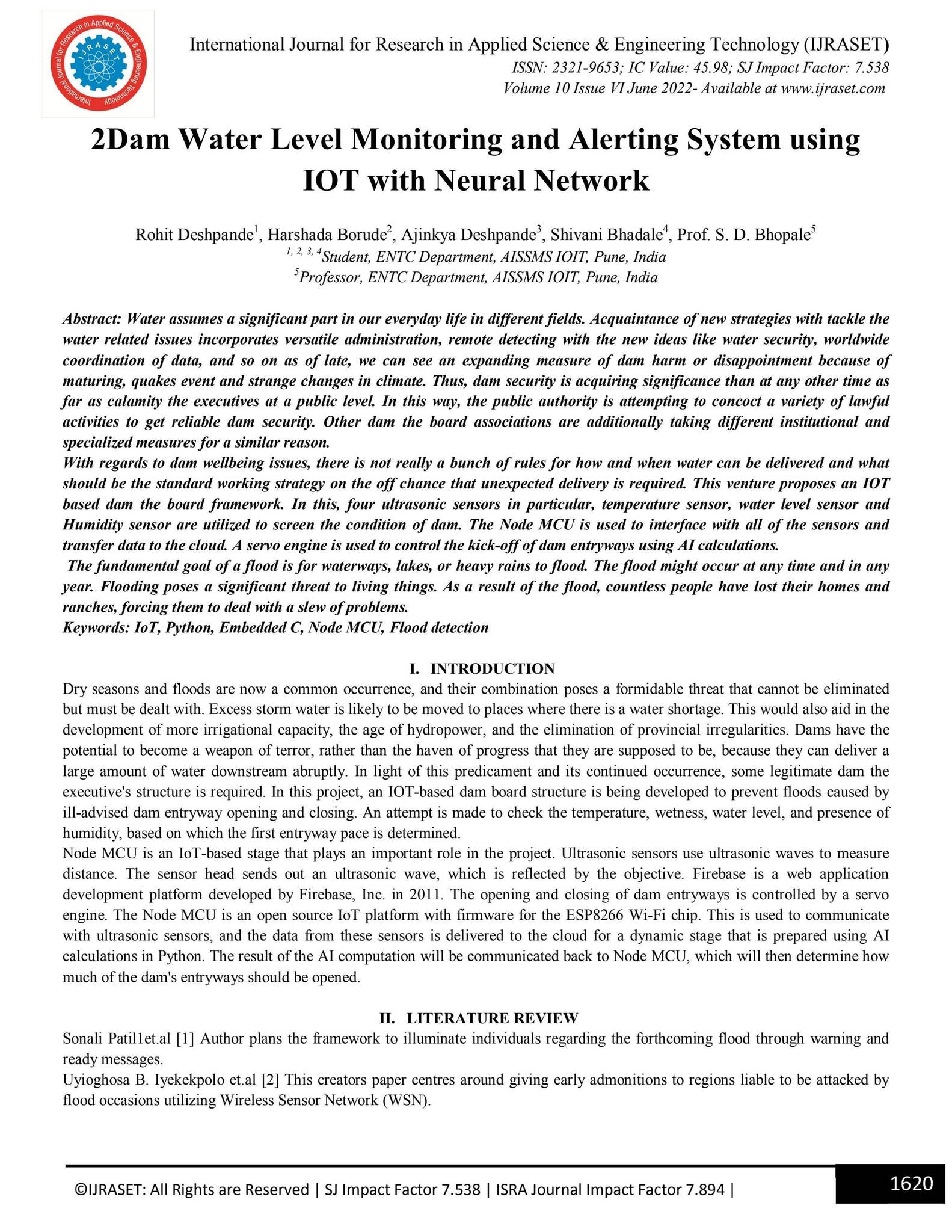 Dam Water Level Monitoring and Alerting System using IOT with Neural ...