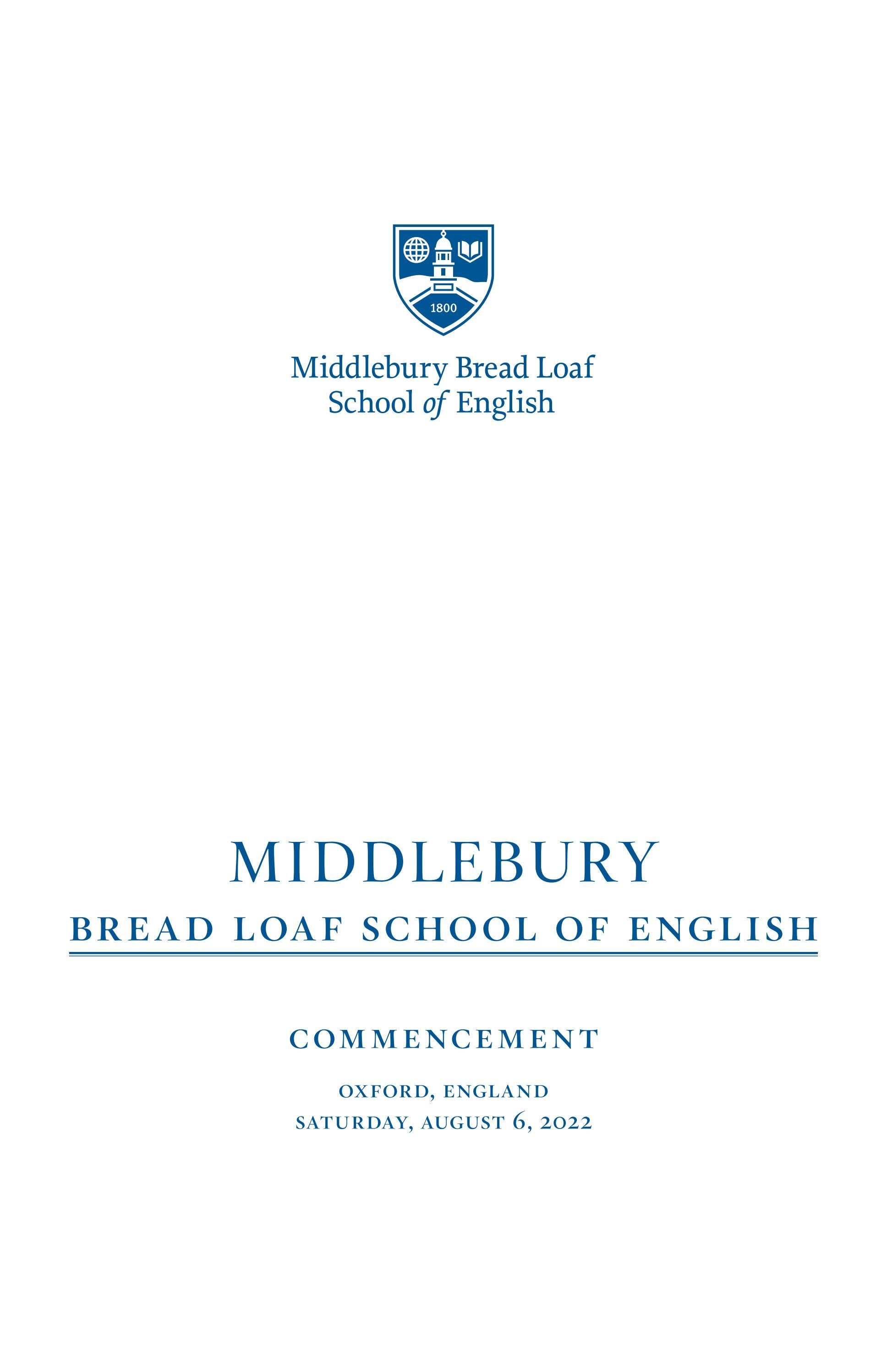 Bread Loaf School of English, Oxford, England 2022 Commencement program