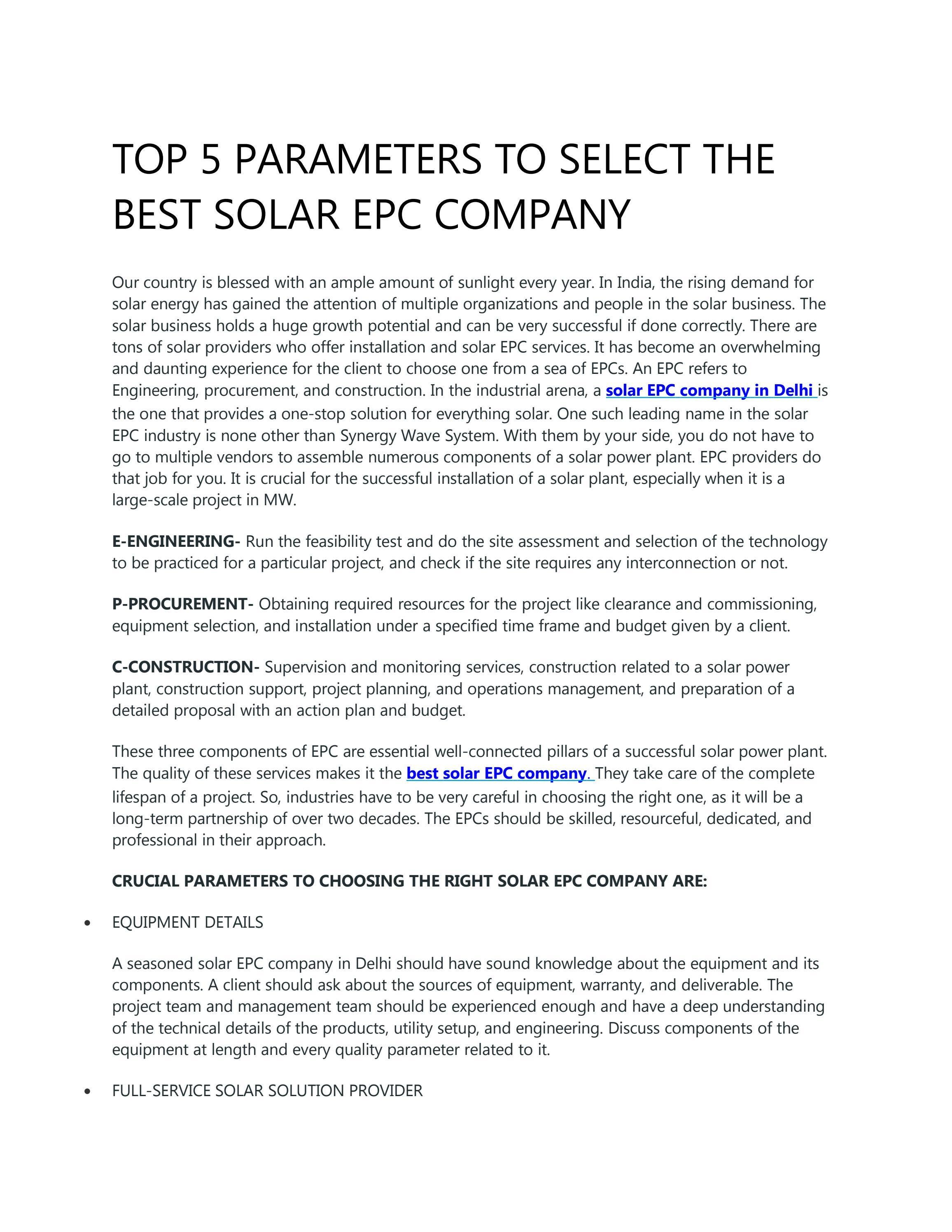 TOP 5 PARAMETERS TO SELECT THE BEST SOLAR EPC COMPANY by synergywave