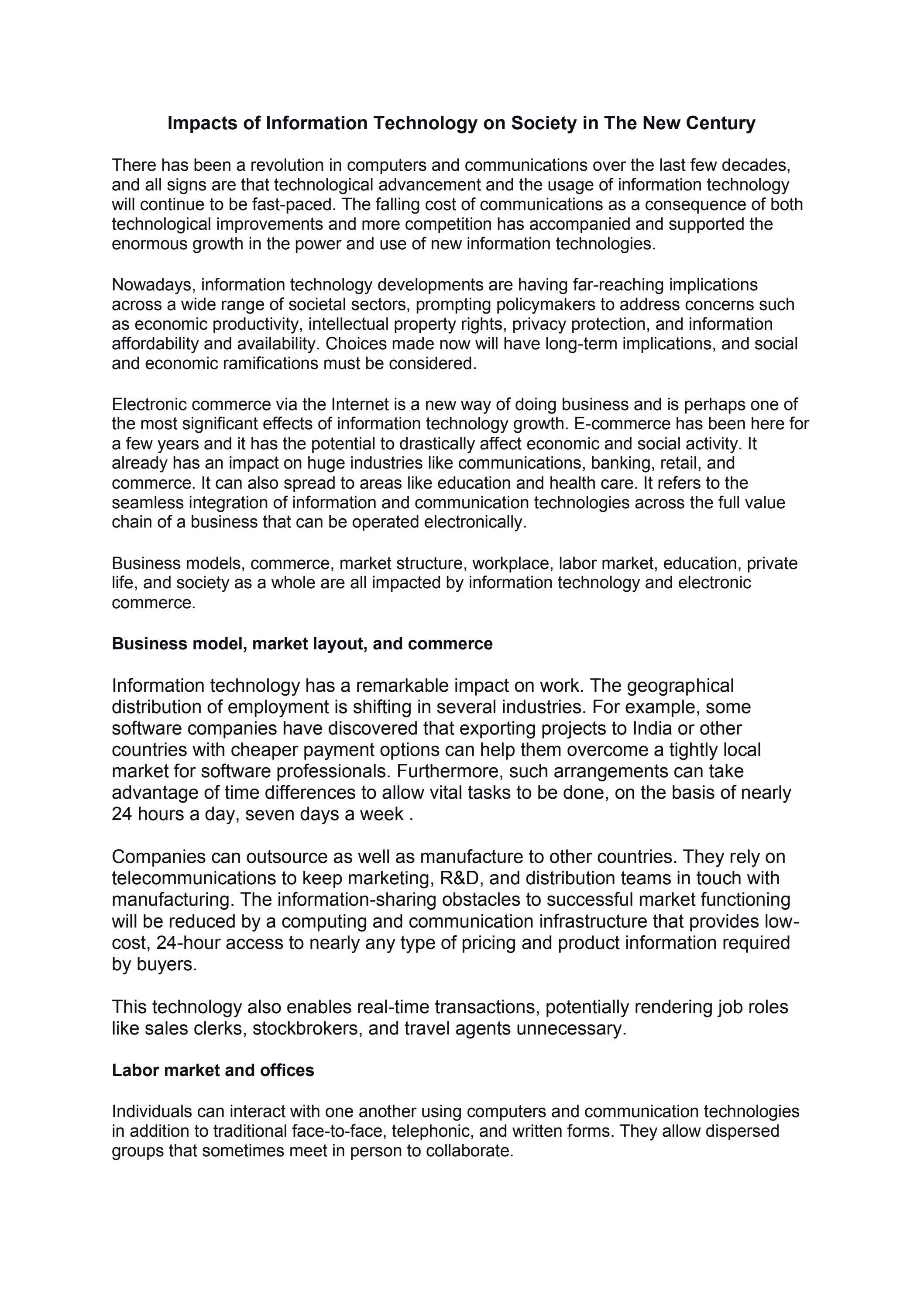 Impacts of Information Technology on Society in The New Century by