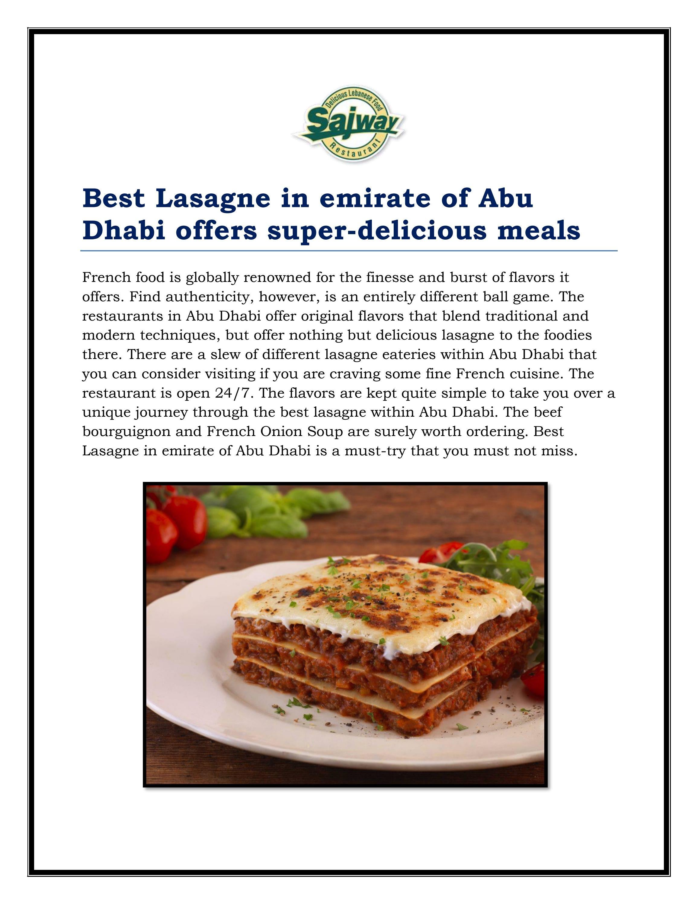 Best Lasagne in emirate of Abu Dhabi offers super-
