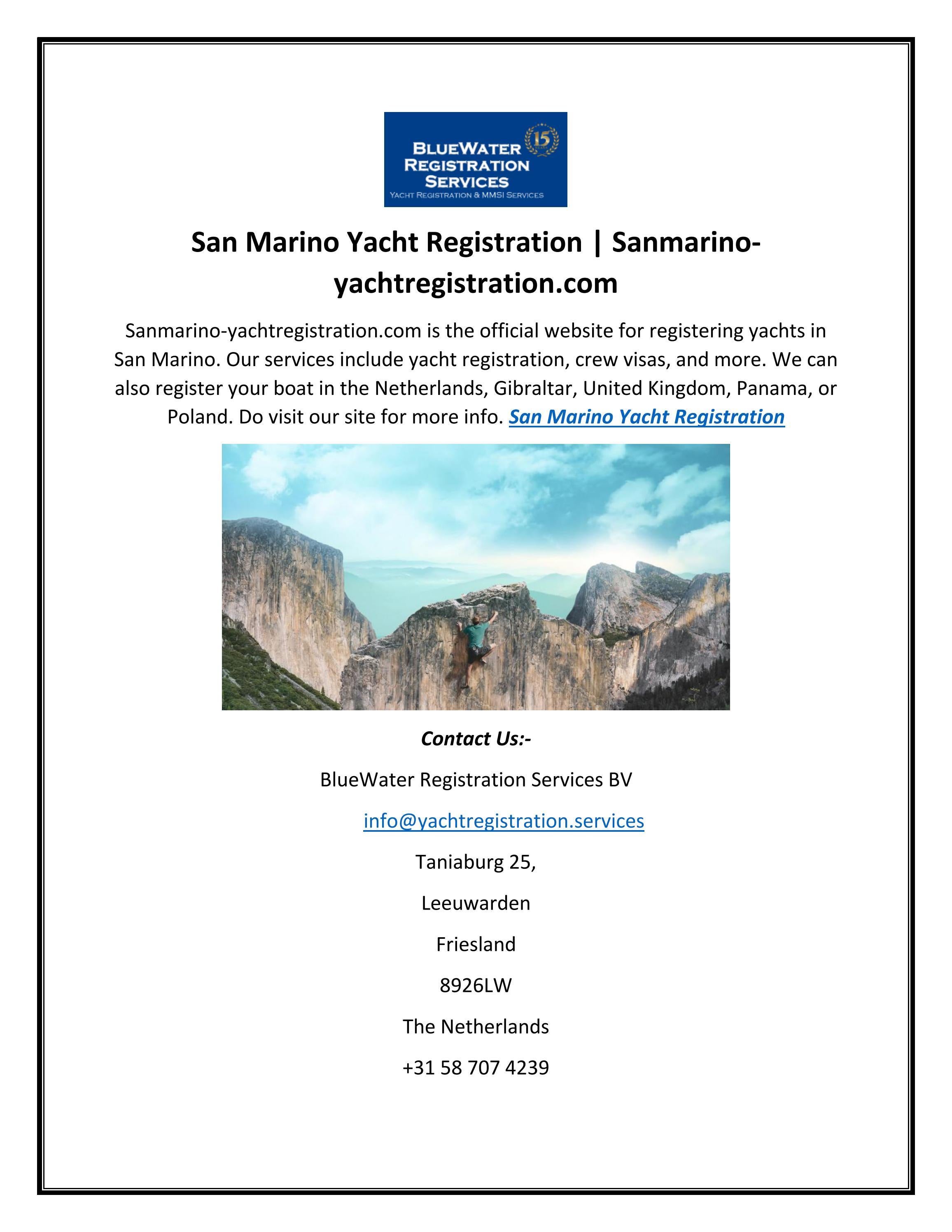 San Marino Yacht Registration by Blue