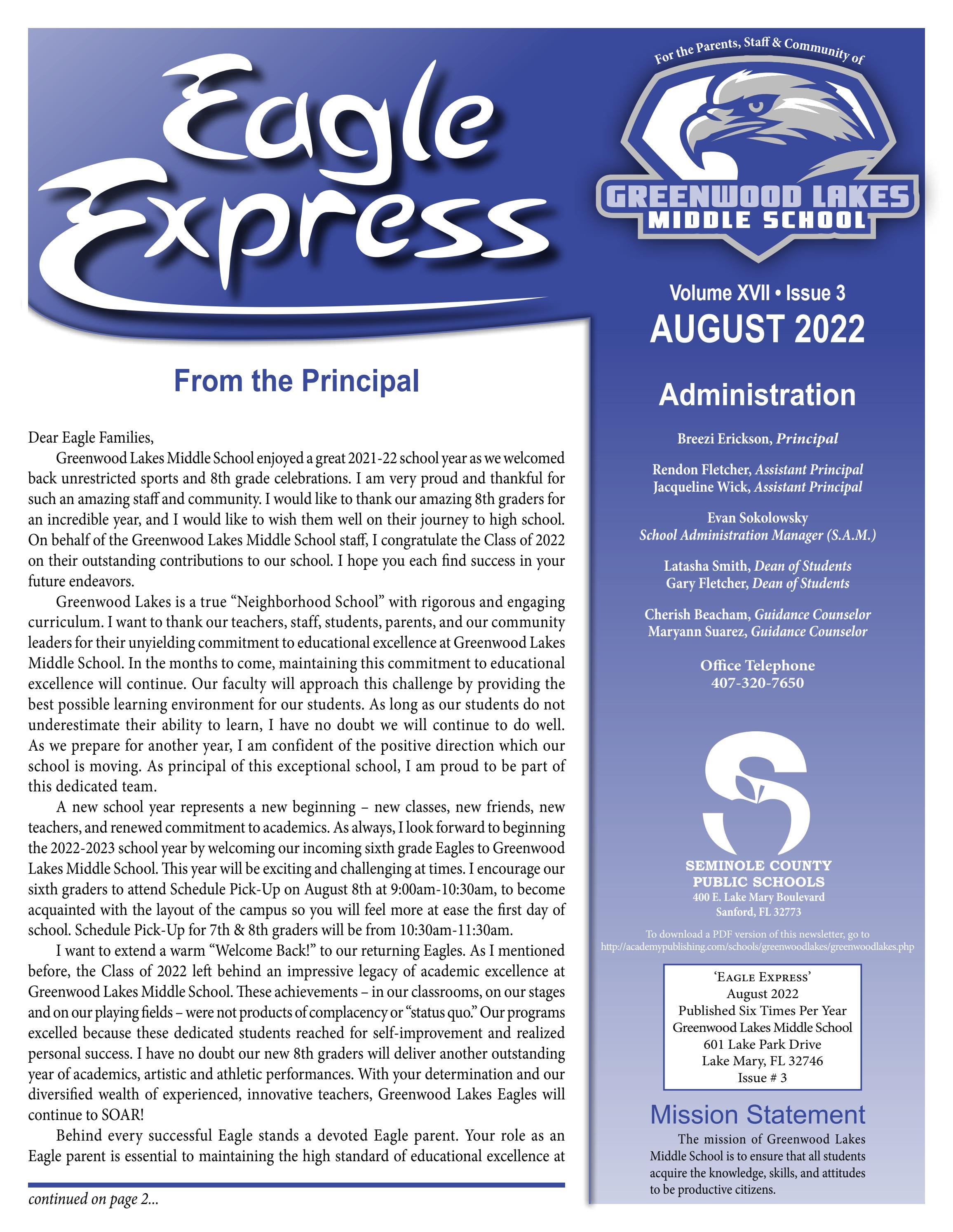 Greenwood Lakes Middle School Newsletter By Academy Publishing Inc