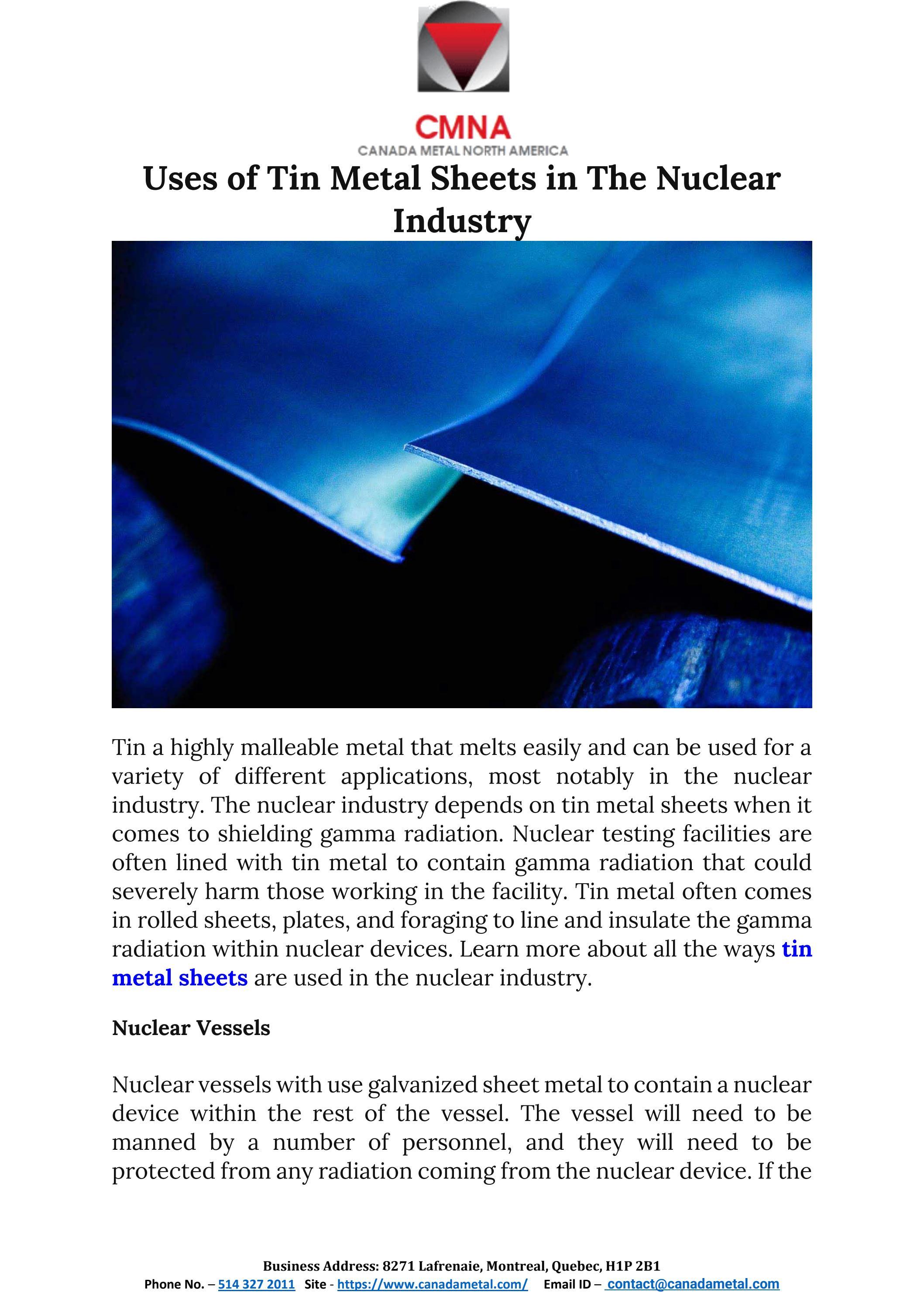 Uses of Tin Metal Sheets in The Nuclear Industry by Canada Metal North