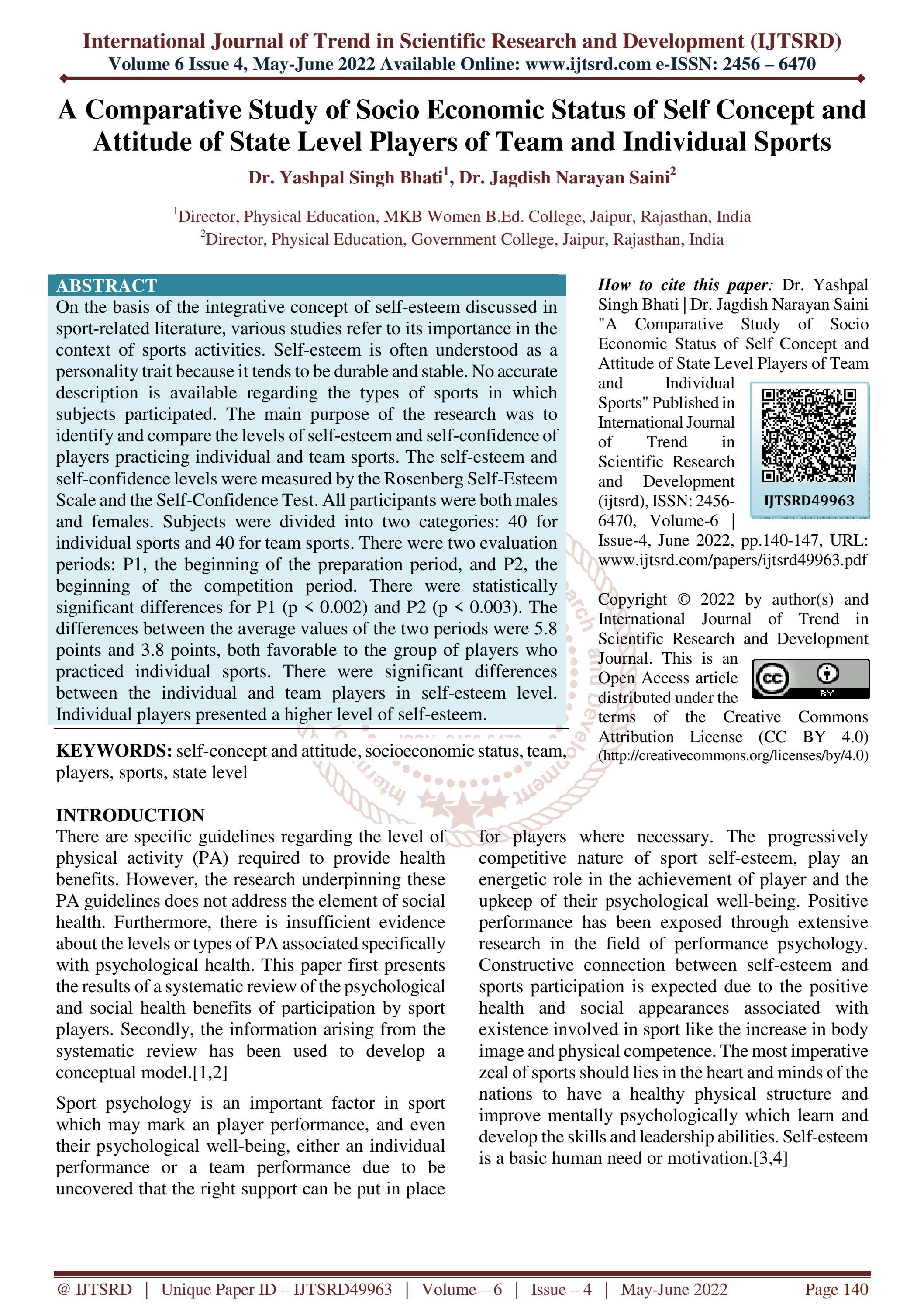 A Comparative Study of Socio Economic Status of Self Concept and