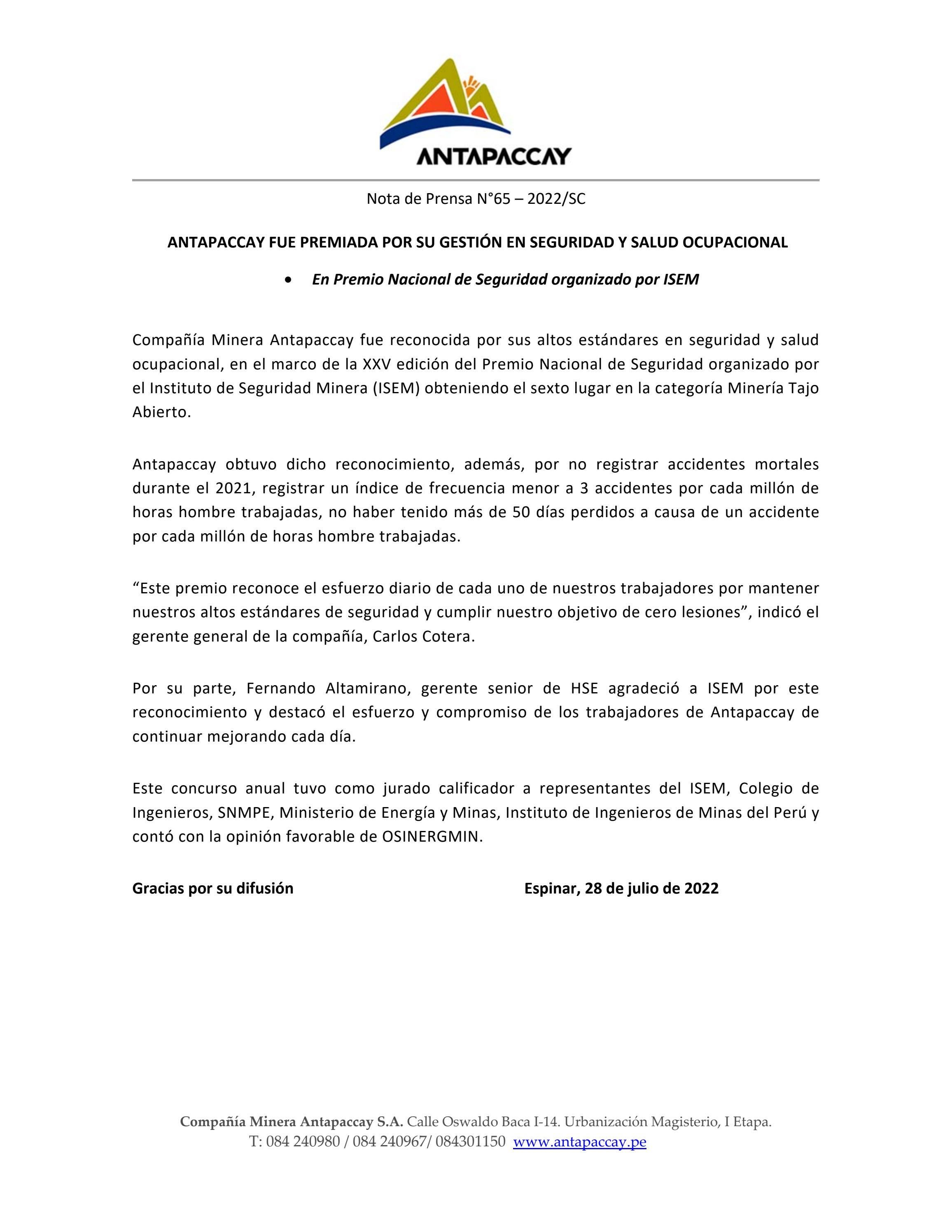 ANTAPACCAY FUE PREMIADA POR SU GESTI N EN SEGURIDAD Y SALUD OCUPACIONAL