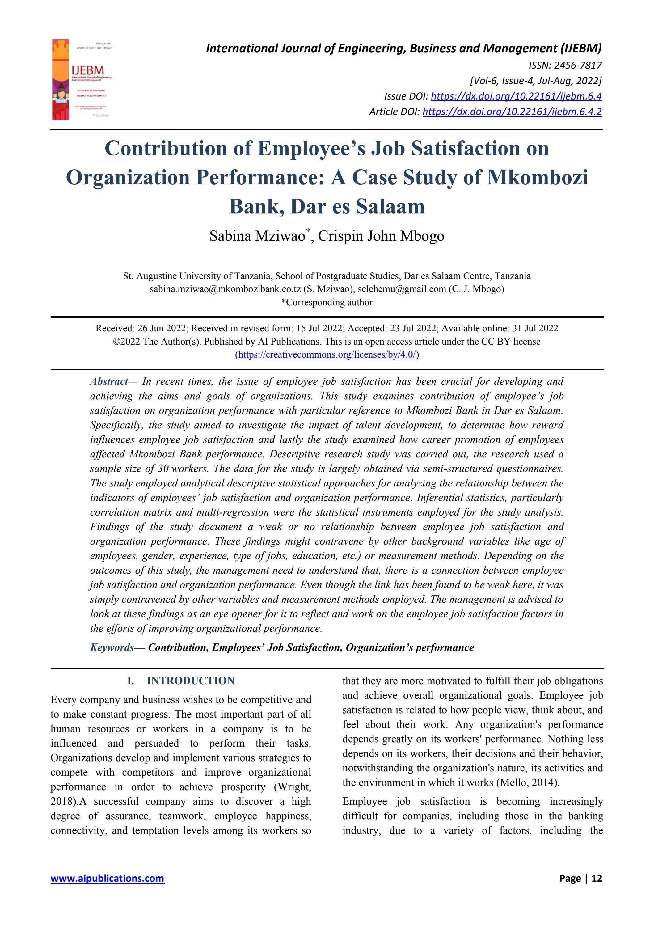 Contribution of Employee’s Job Satisfaction on Organization Performance