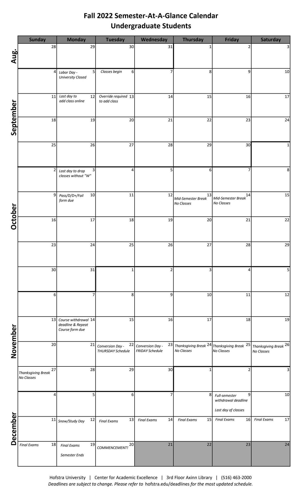 Fall 2022 Semester-At-A-Glance Calendar: Undergraduate ...