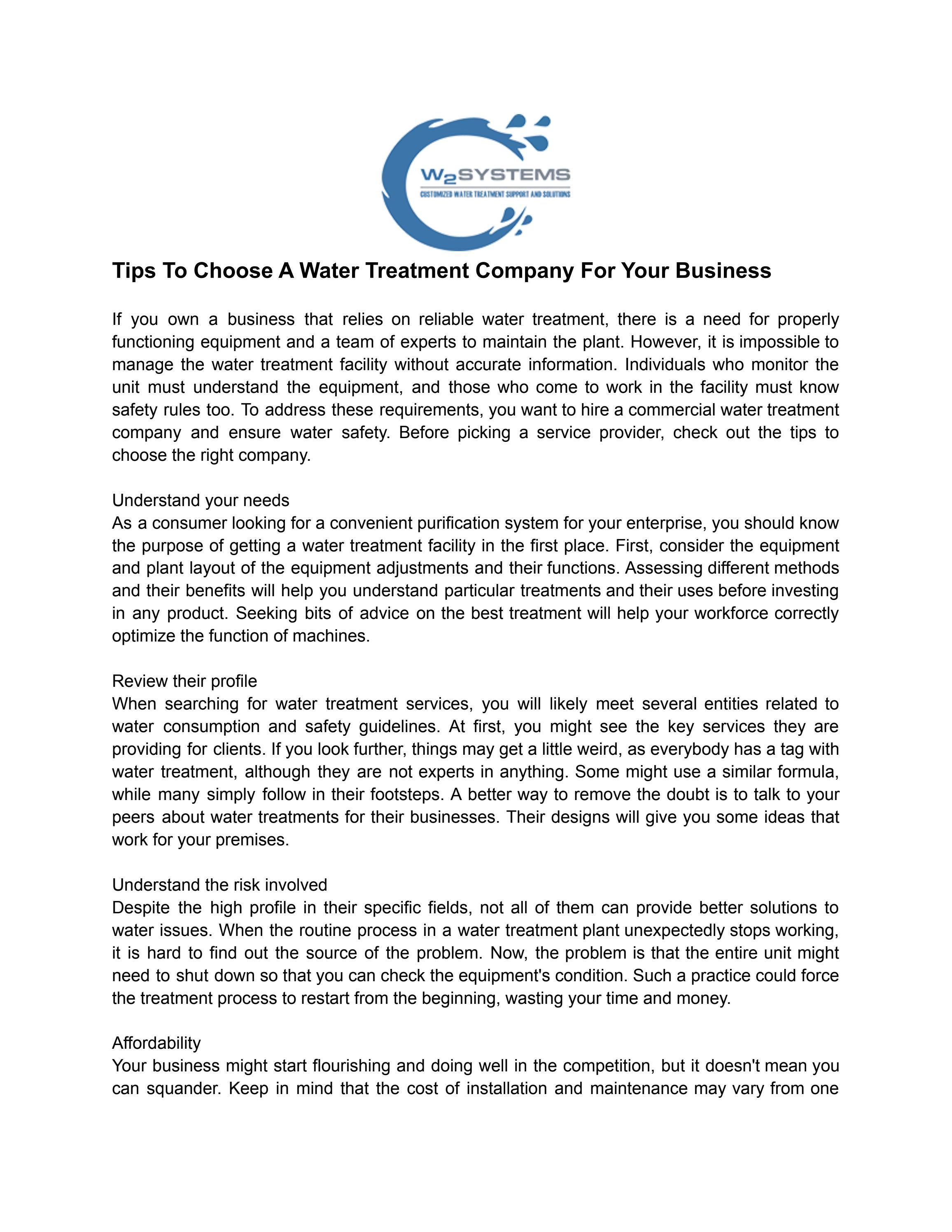 Tips To Choose A Water Treatment Company For Your Business by W2