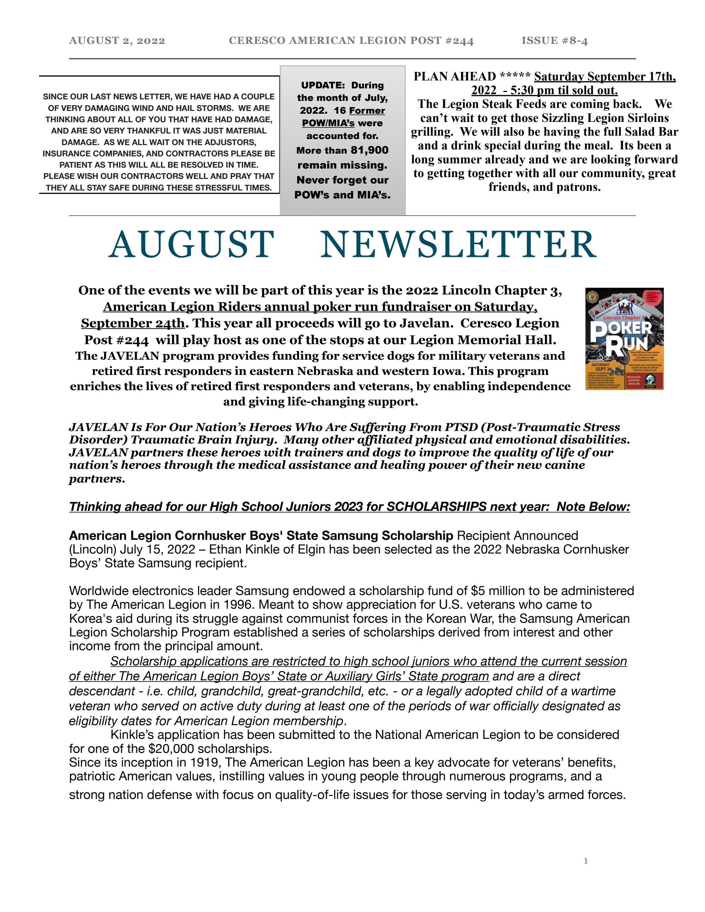 Ceresco Legion Post 244 August News by kickcam Issuu