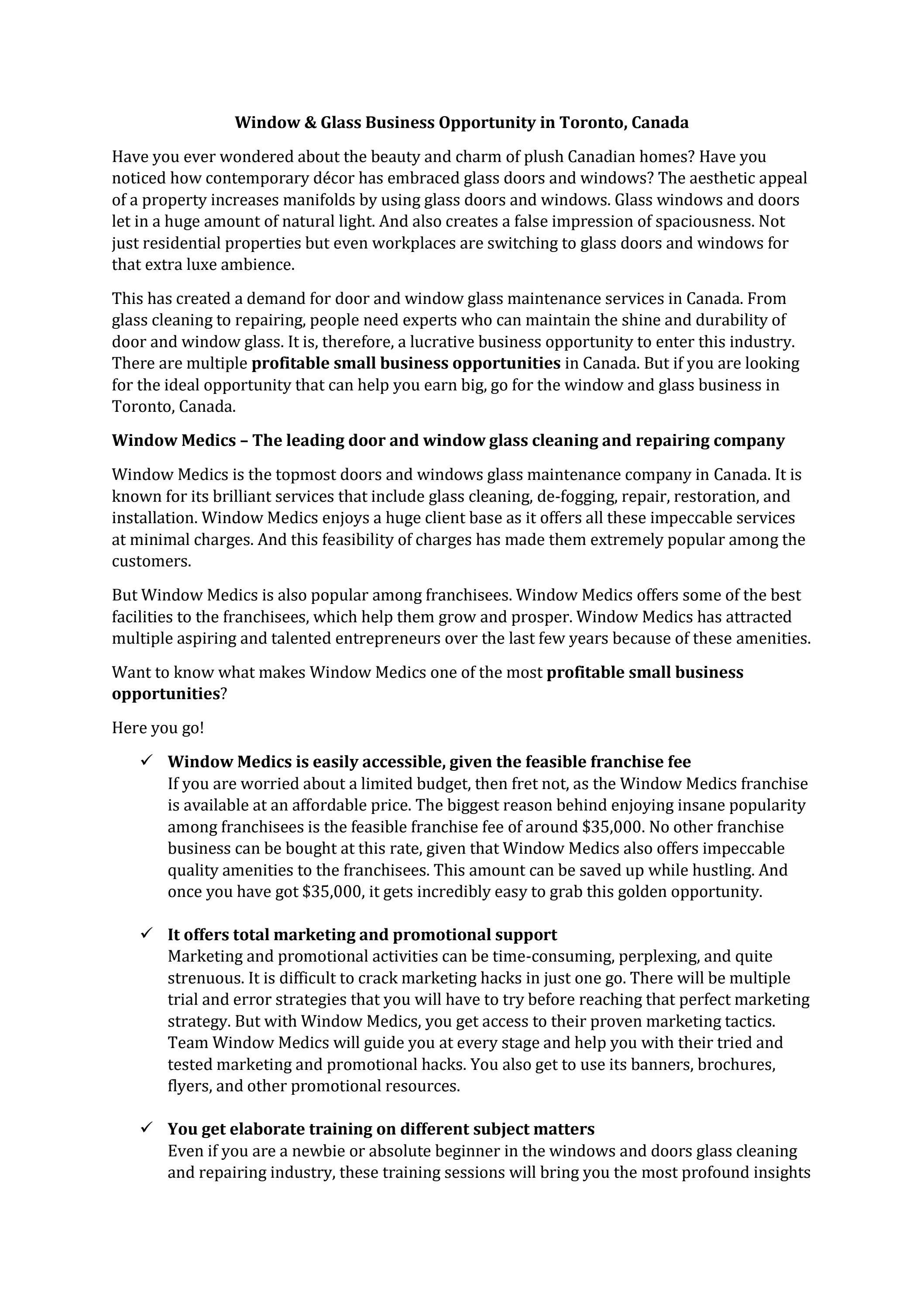 Window & Glass Business Opportunity in Toronto, Canada by Window medics