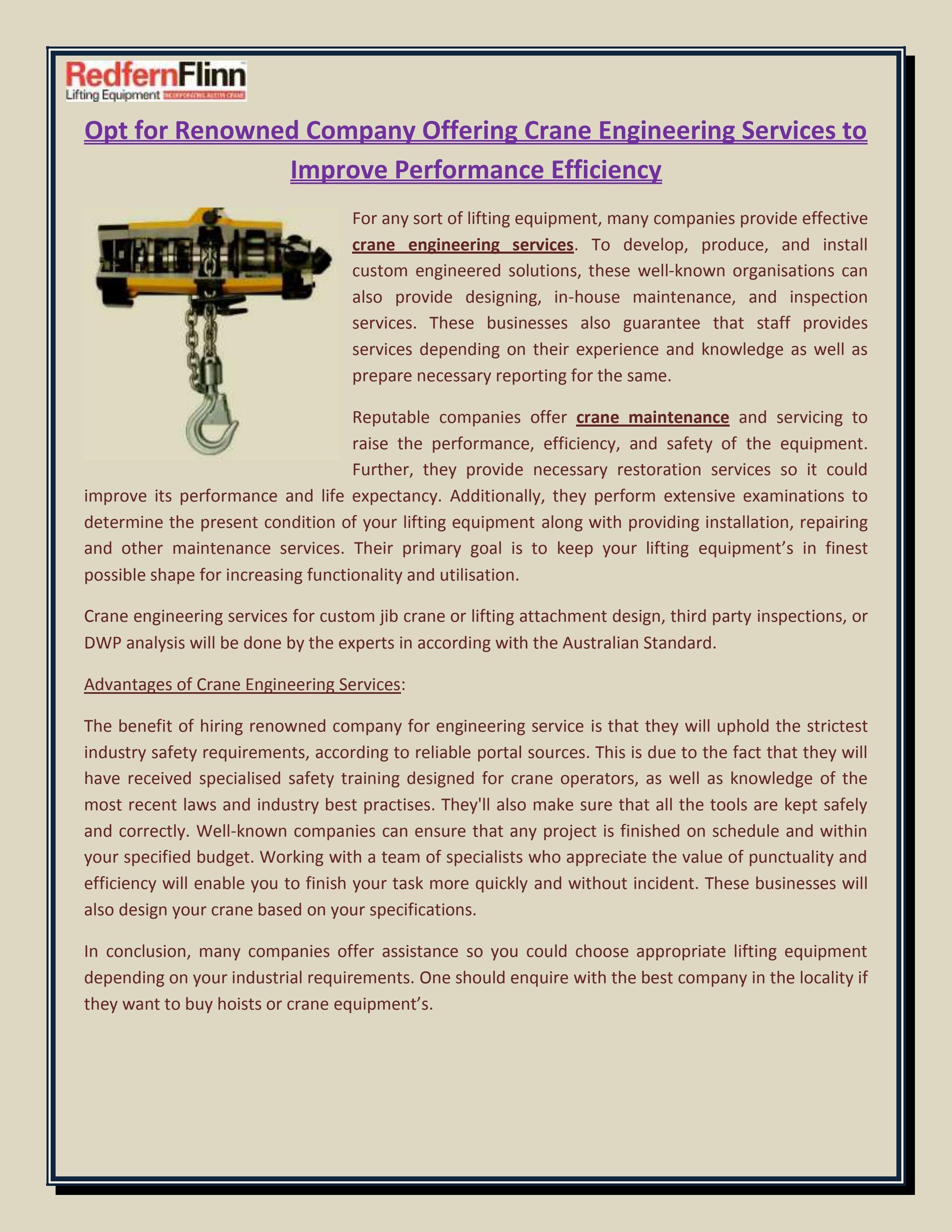 Opt for Renowned Company Offering Crane Engineering Services to Improve