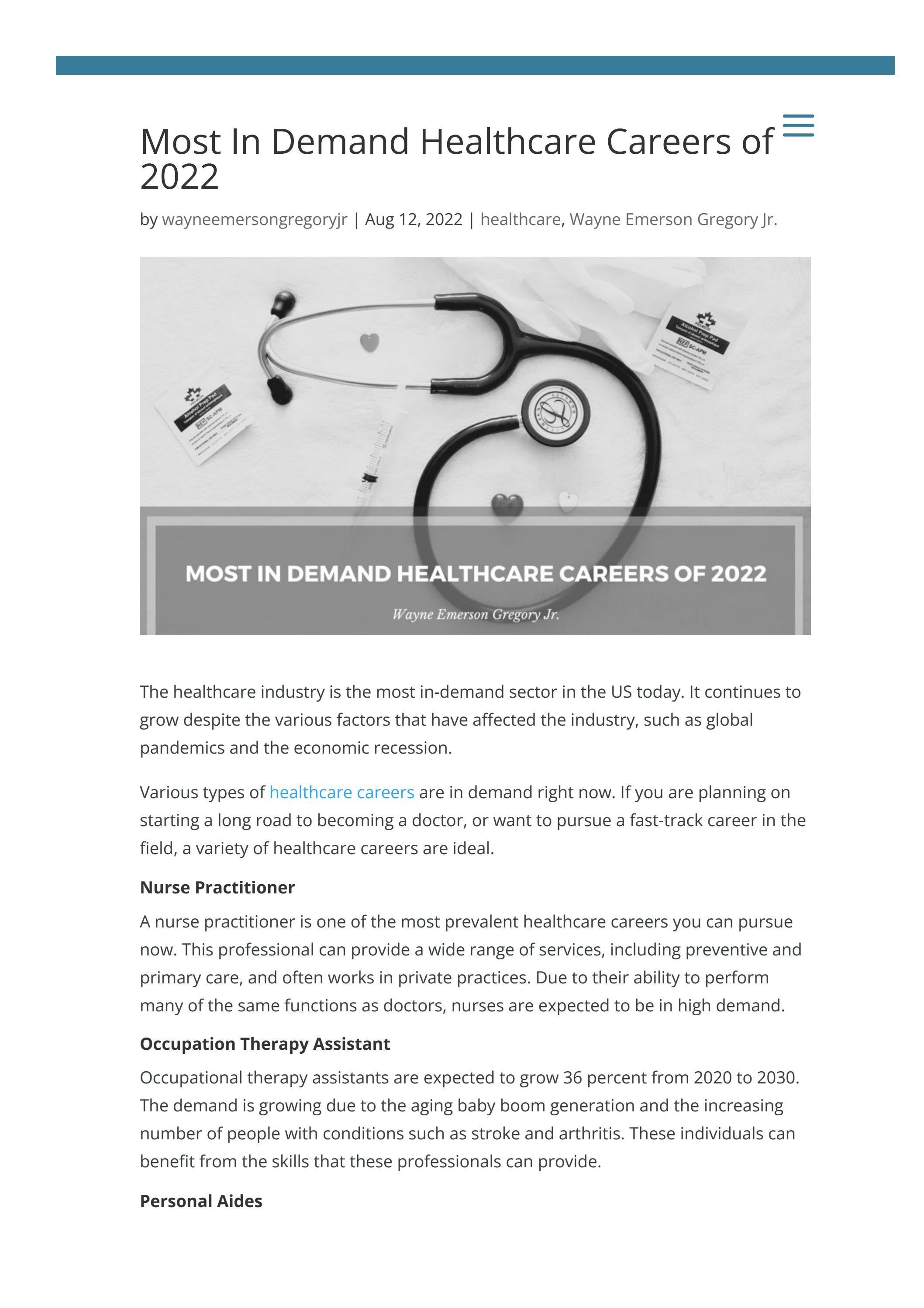 Most In Demand Healthcare Careers of 2022 by Wayne Emerson Gregory Jr