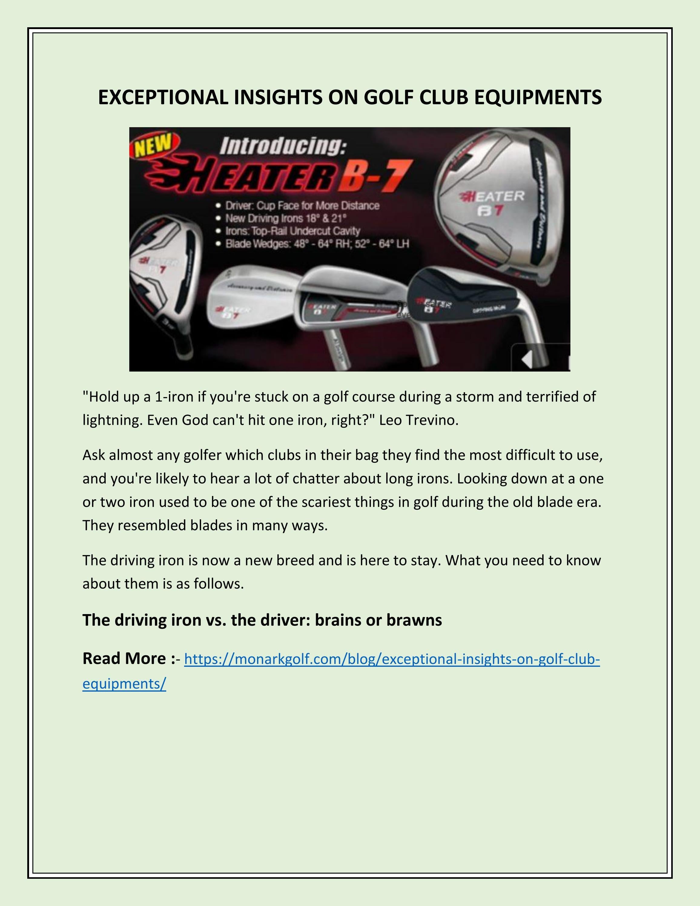 EXCEPTIONAL INSIGHTS ON GOLF CLUB EQUIPMENTS by MONARK GOLF SUPPLY INC