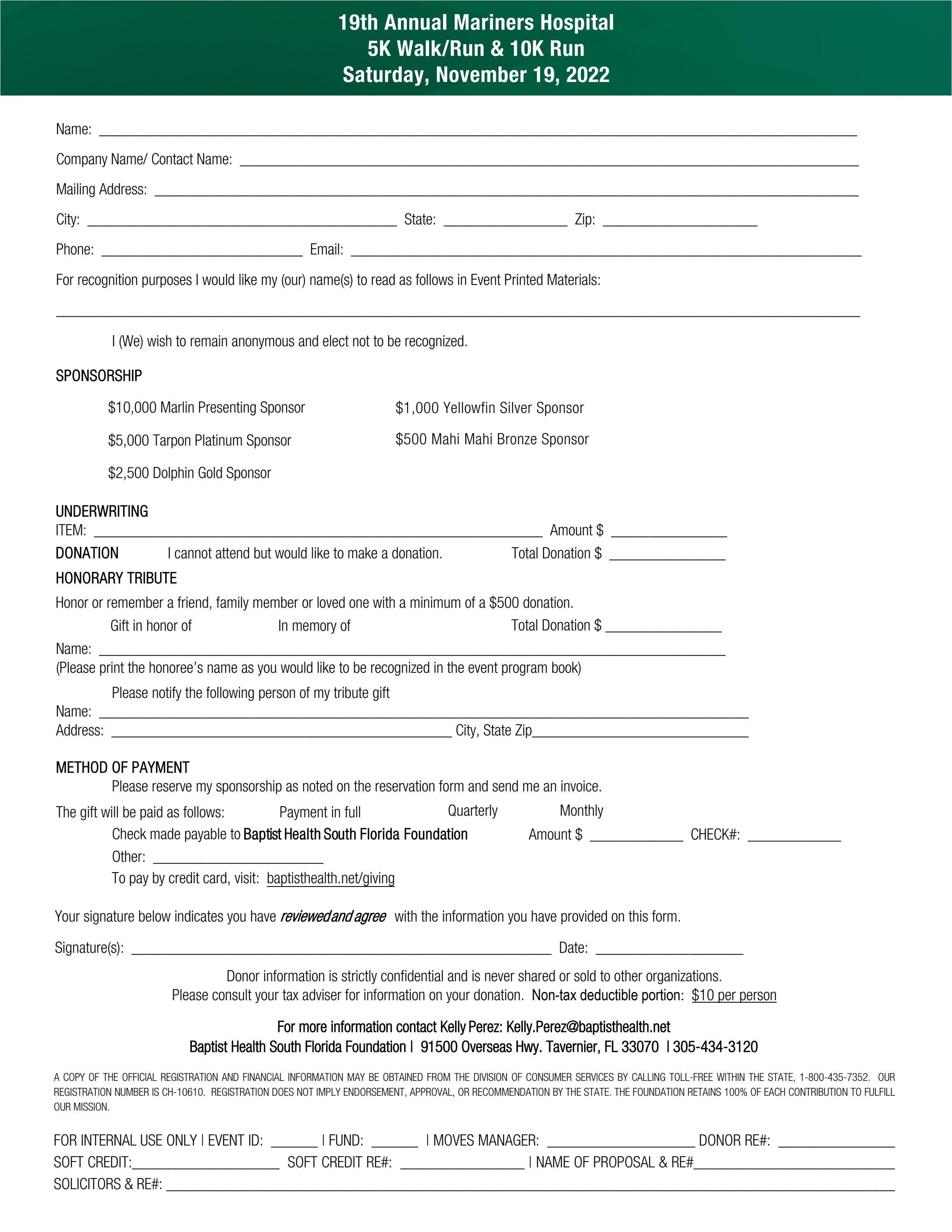 Mariners Hospital CEN Run Sponsorship Form by BaptistHealthFoundation