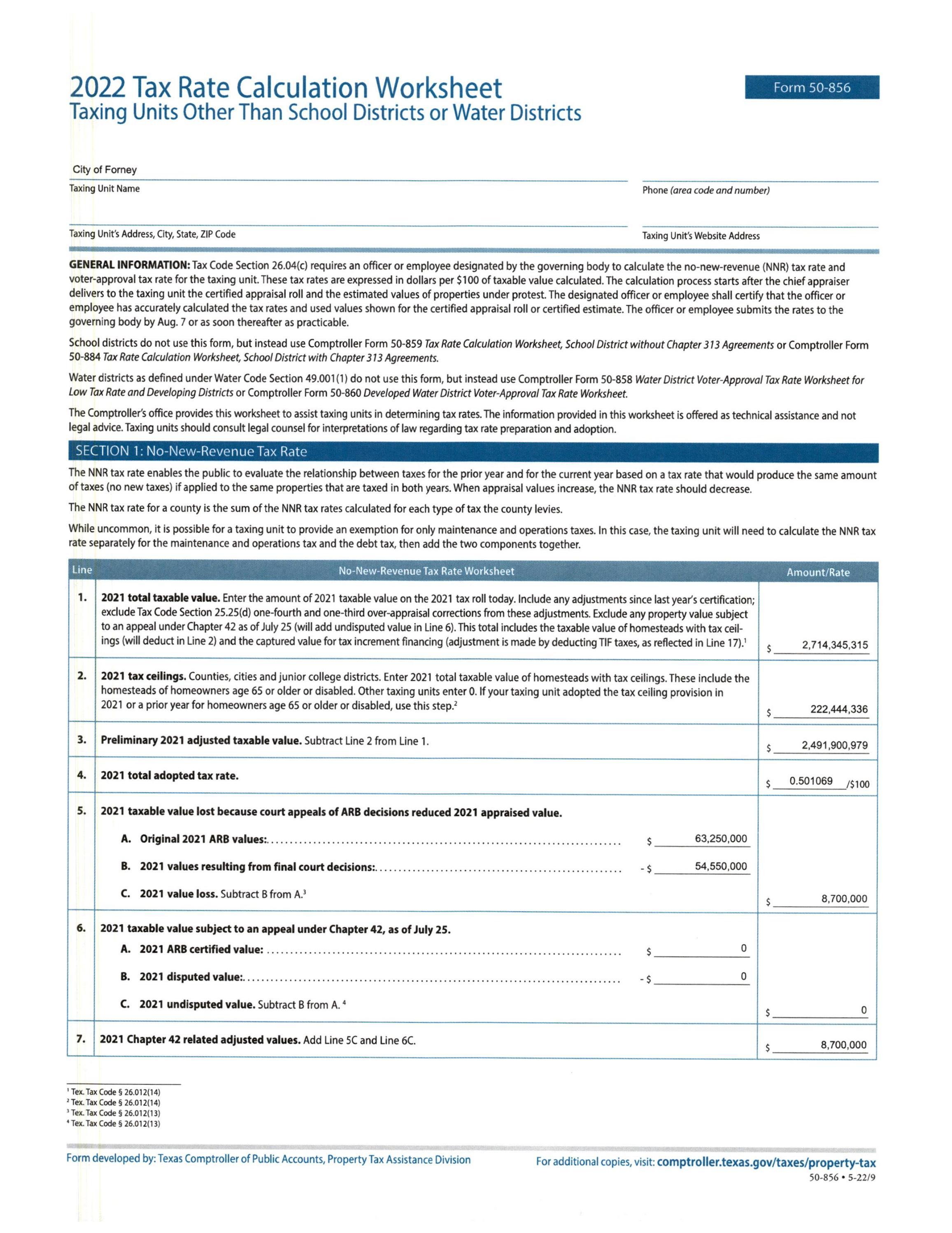 2022 Tax Rate Calculation Worksheet By City Of Forney Issuu