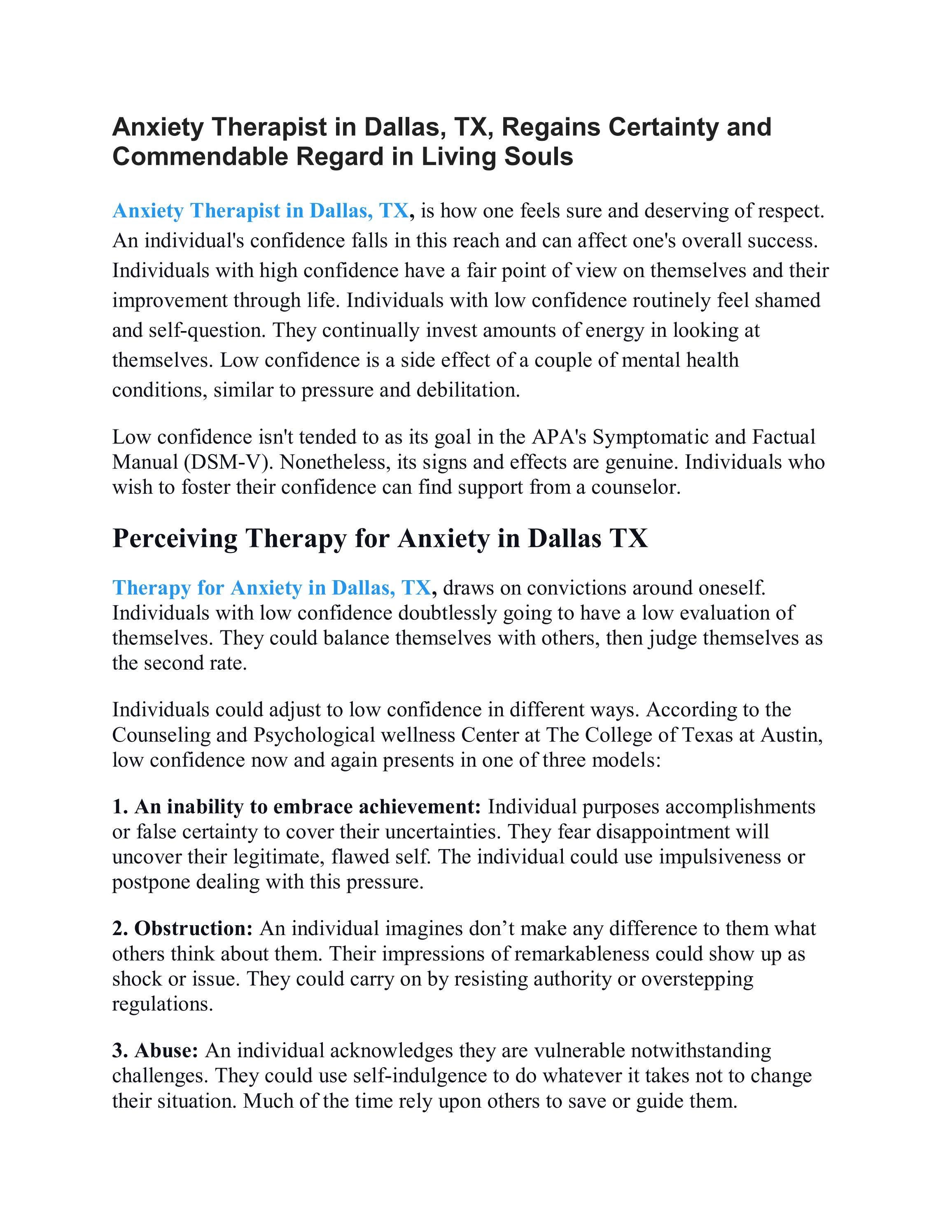 Anxiety Therapist in Dallas, TX, Regains Certainty and Commendable