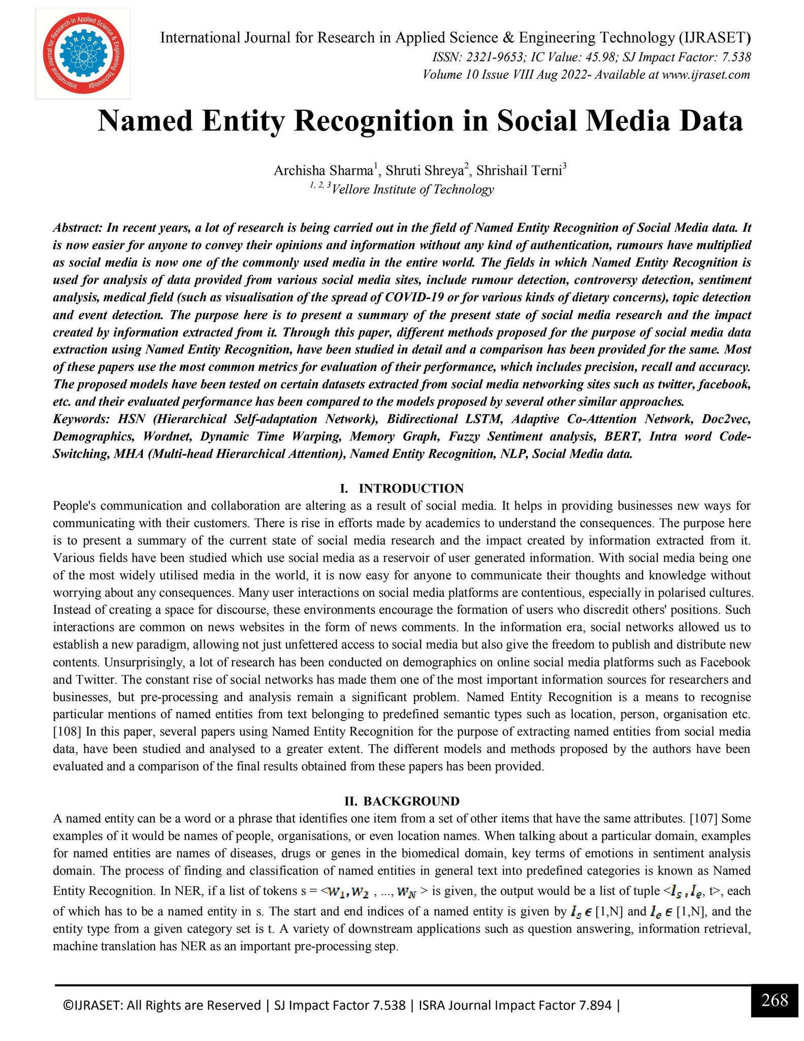 Named Entity Recognition in Social Media Data by IJRASET - Issuu