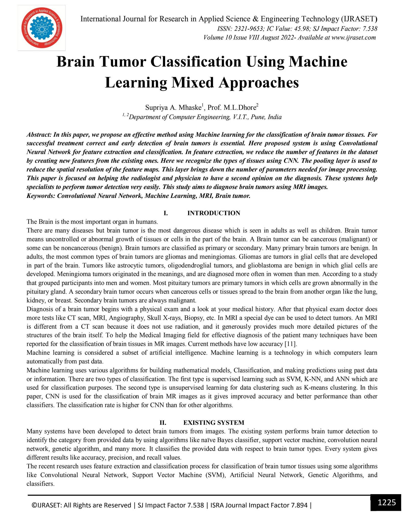 Brain Tumor Classification Using Machine Learning Mixed Approach by ...