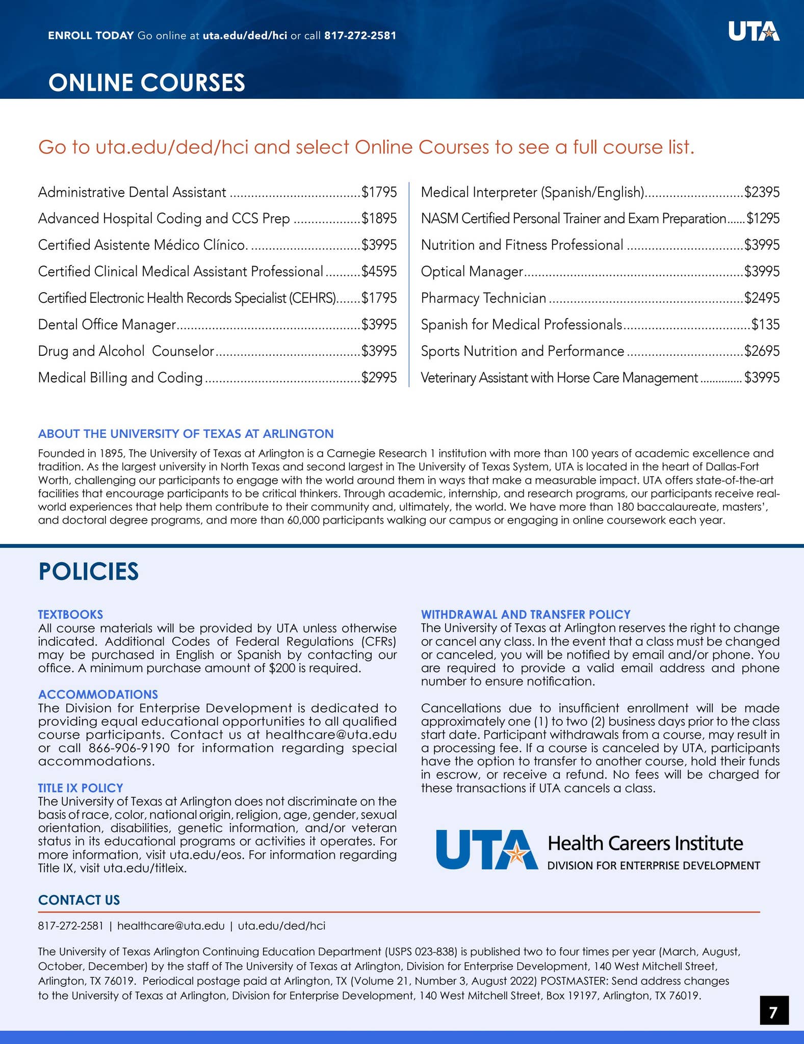 UTA DED Health Careers Institute (HCI) Fall 2022 Course Catalog by