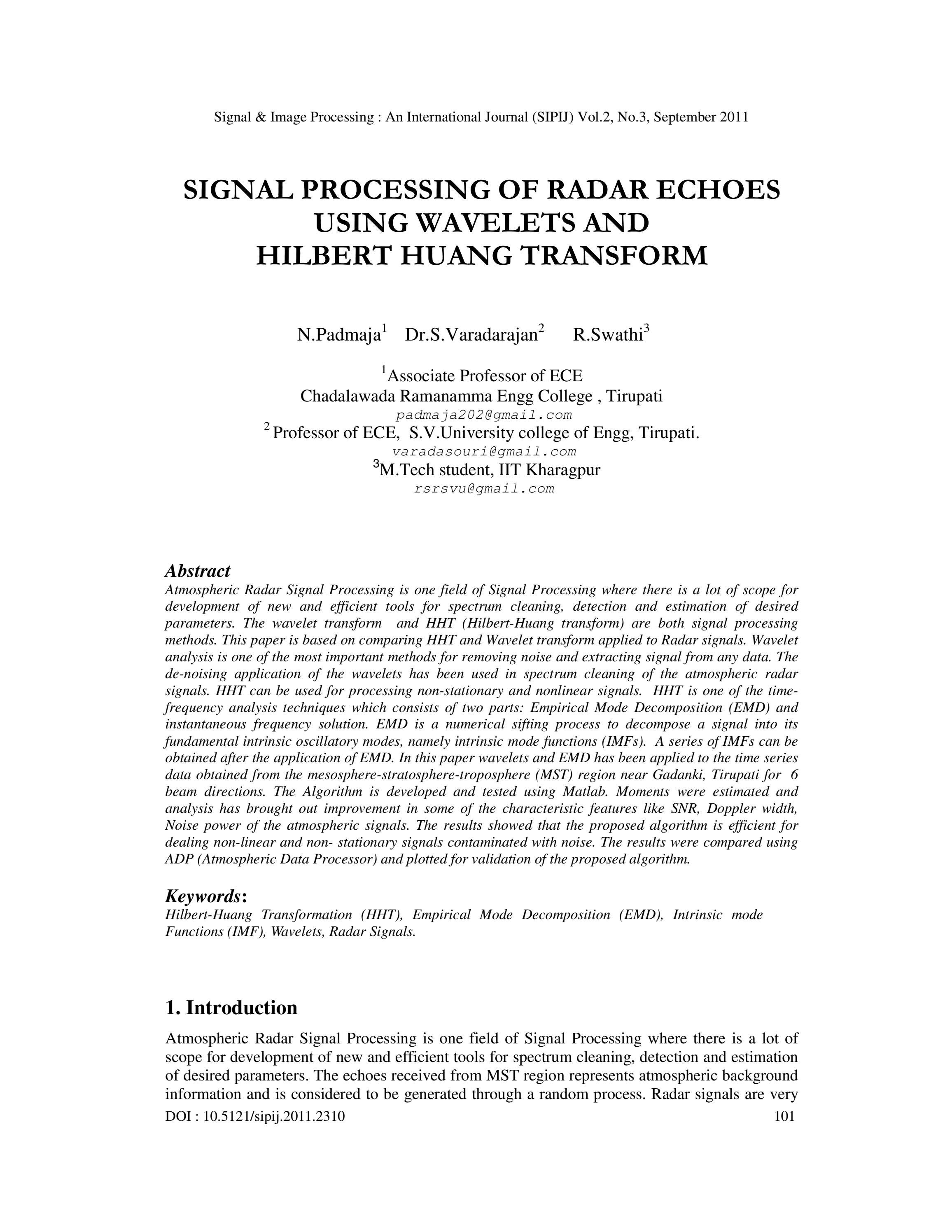 Signal Processing of Radar Echoes Using Wavelets and Hilbert Huang