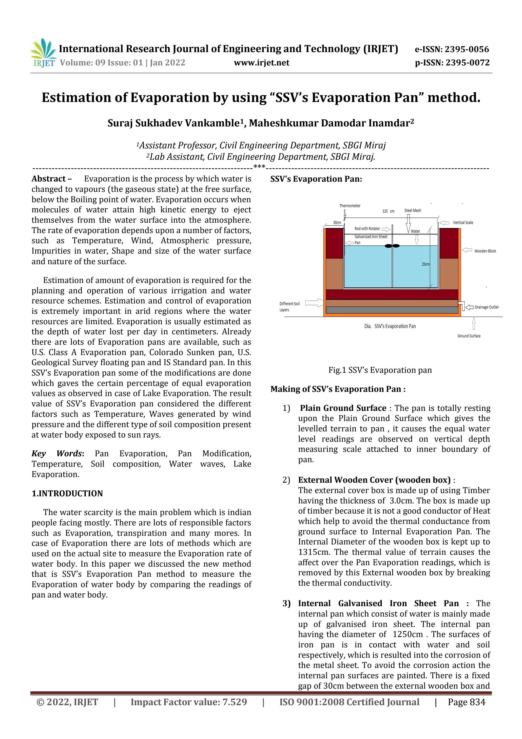 Estimation of Evaporation by using “SSV’s Evaporation Pan” method. by