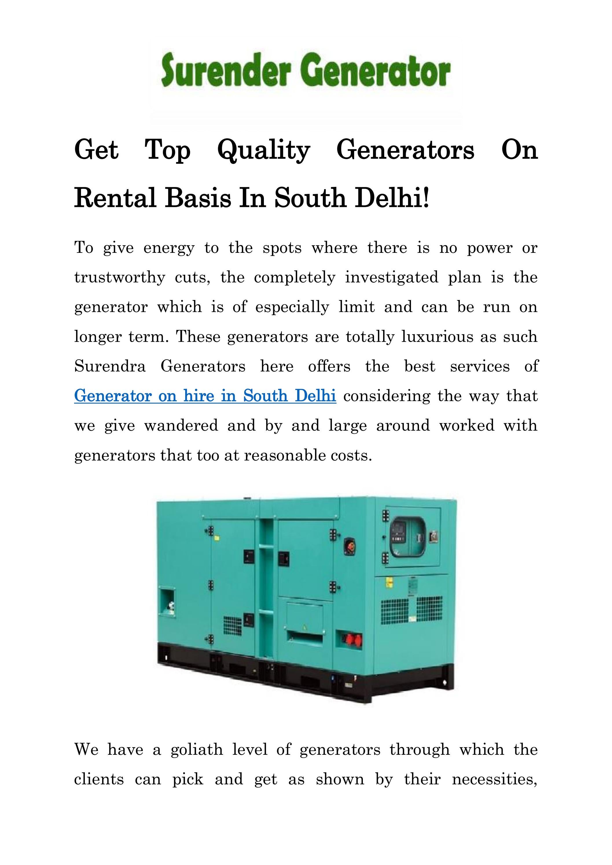 Get Top Quality Generators On Rental Basis In South Delhi by Surendra